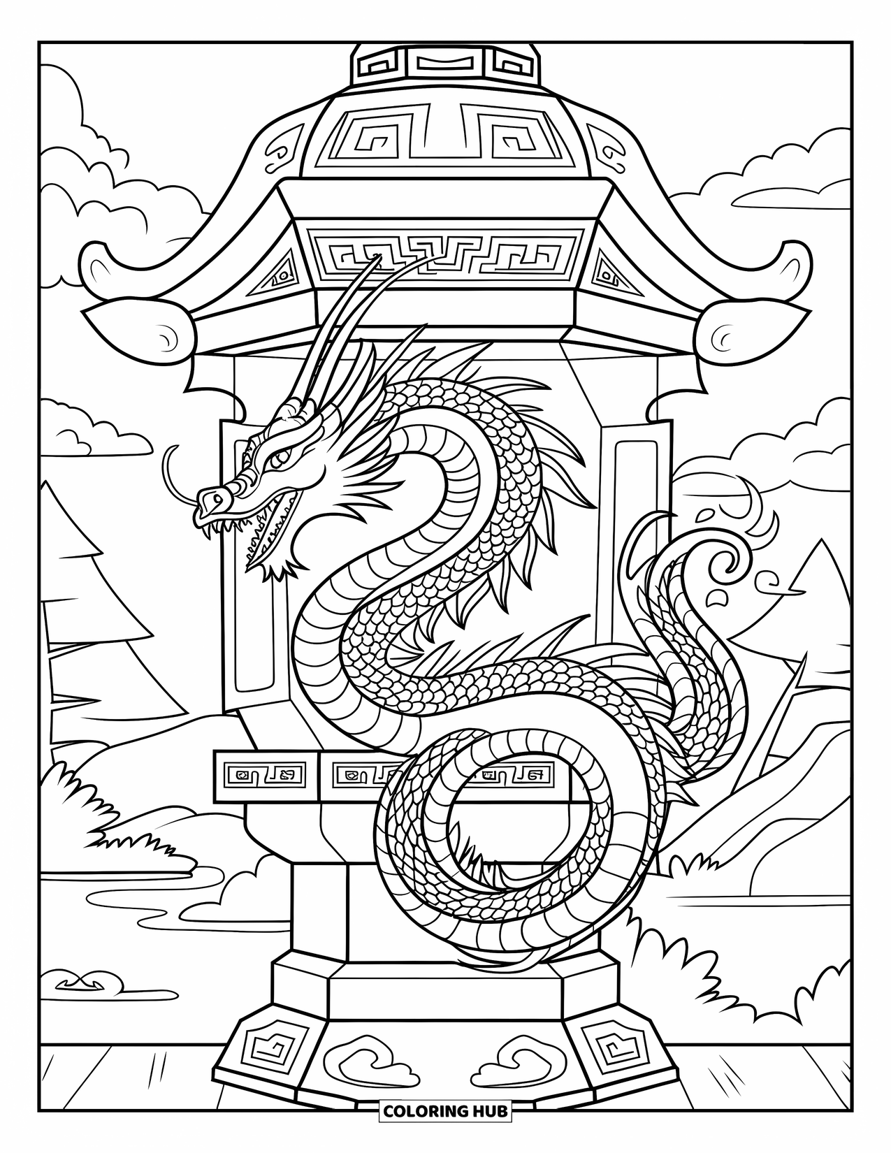 Dibujo de dragón para colorear para adultos: Un dragón con una cola rizada se eleva desde una linterna tallada, con un paisaje tranquilo de fondo