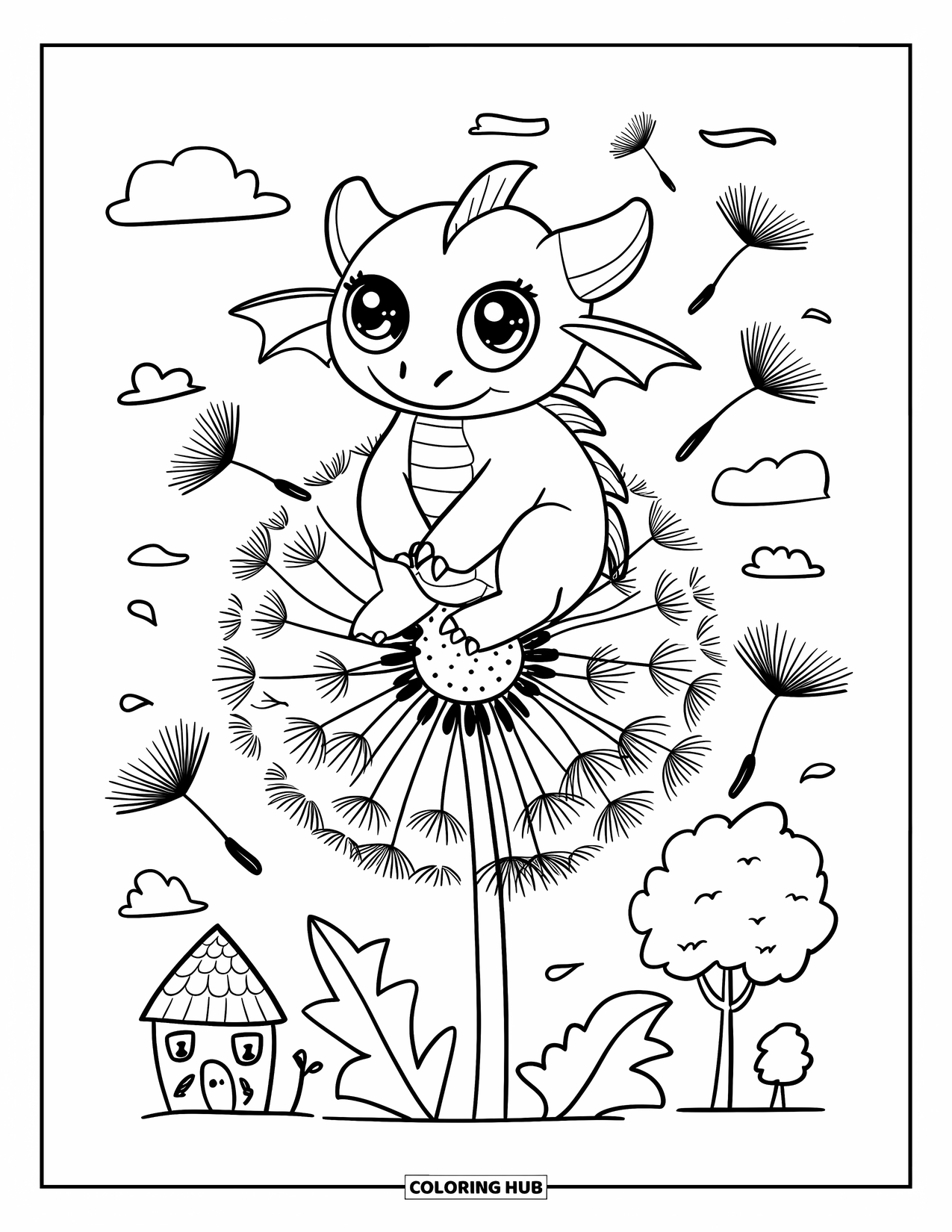 Dibujo de dragón para colorear para adultos: Un dragón con ojos grandes se aferra a un copo de diente de león mientras las semillas flotan hacia el cielo