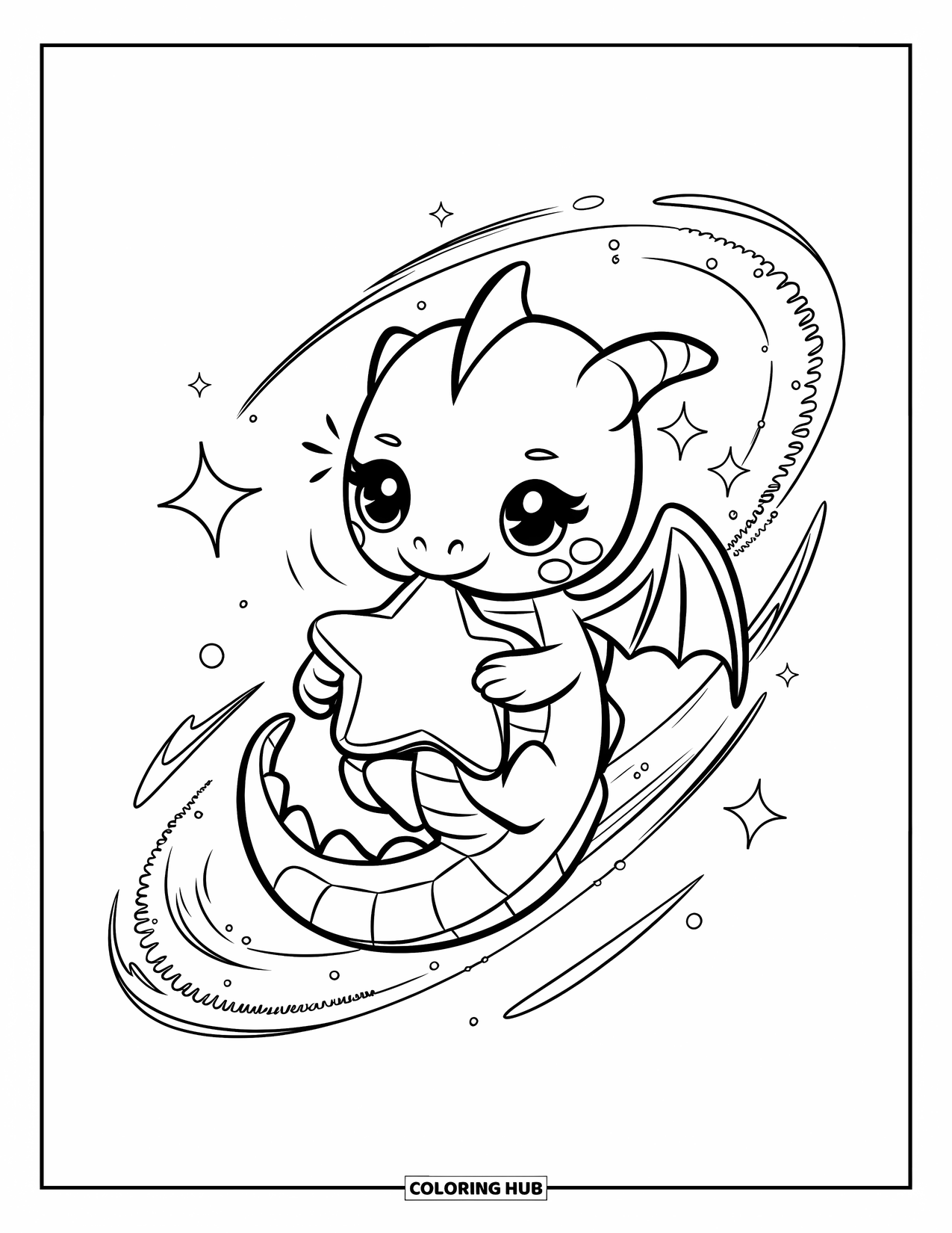 Dibujo de dragón para colorear para adultos: Un dragón con ojos grandes abraza una estrella brillante, flotando en una escena celestial de ensueño