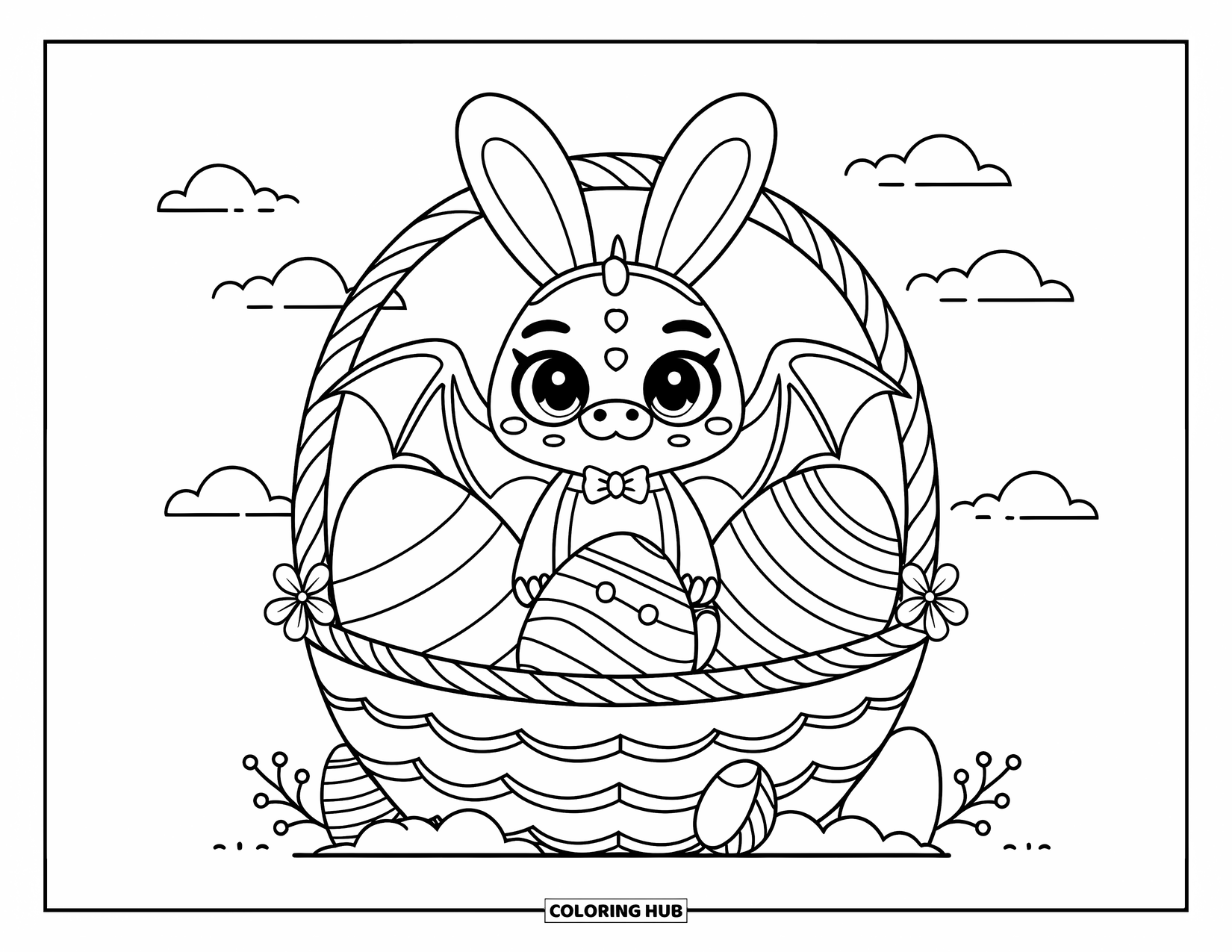 Dibujo de dragón para colorear para adultos: Un dragón con orejas de conejo y una pajarita se sienta en una cesta de Pascua llena de huevos grandes
