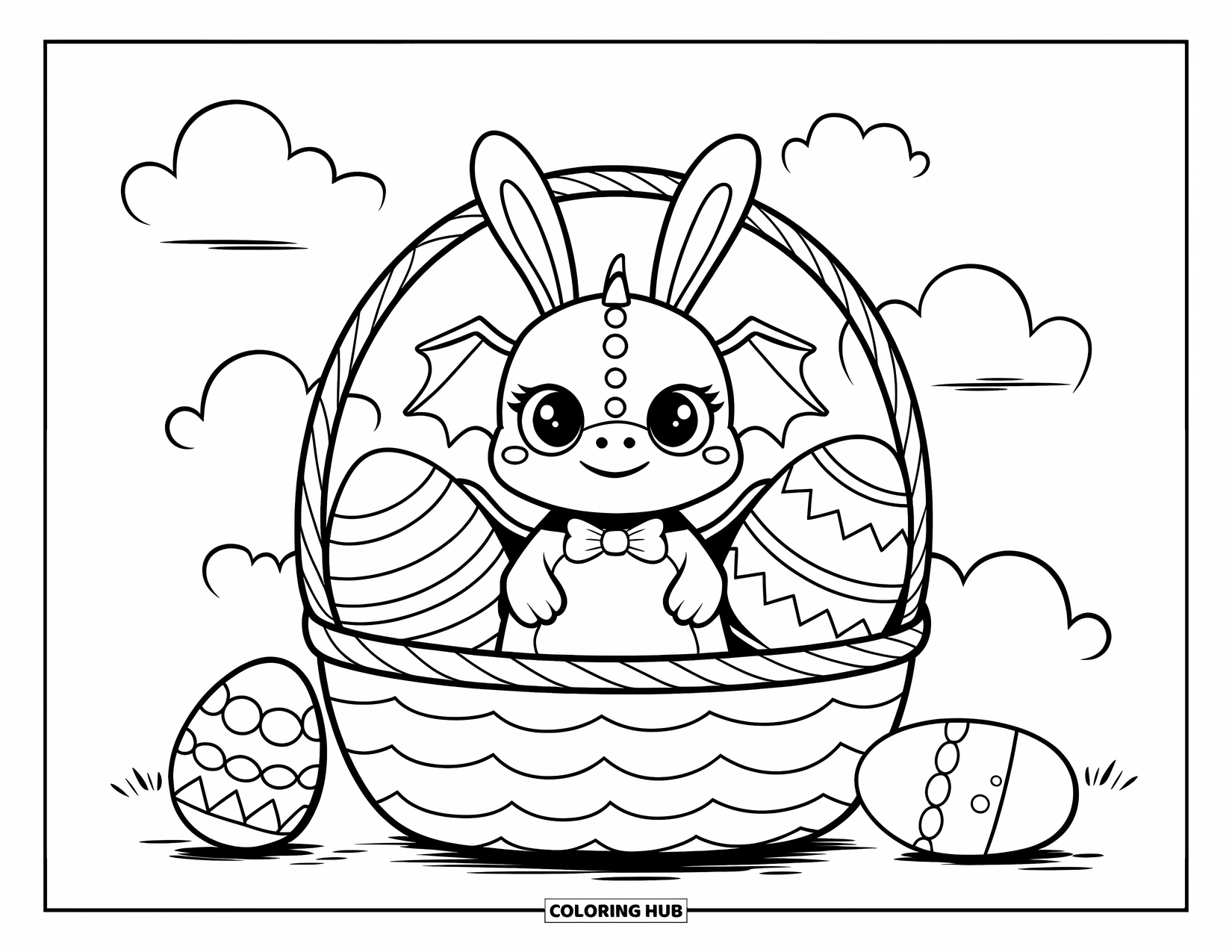 Dibujo de dragón para colorear para adultos: Un dragón con orejas de conejo y una pequeña pajarita se sienta en una cesta festiva, rodeado de nubes