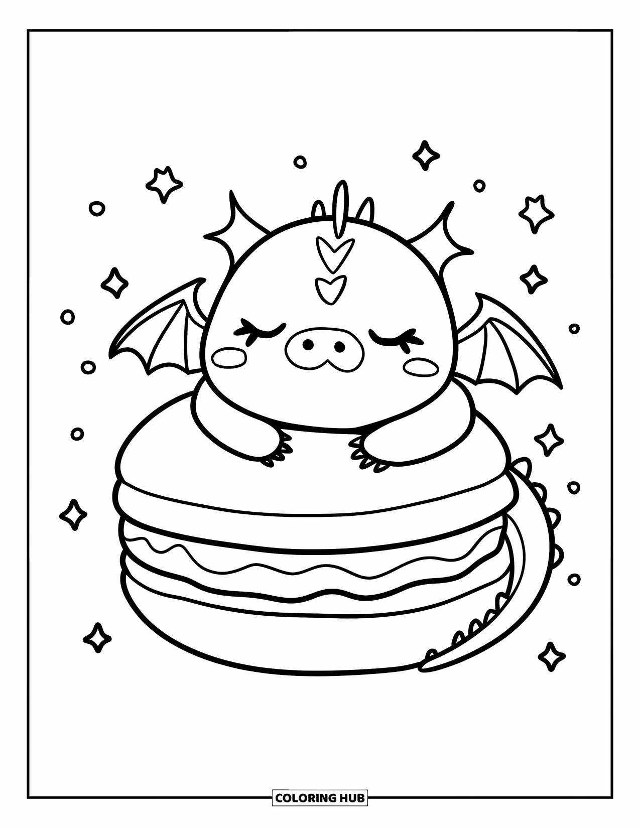 Dibujo de dragón para colorear para adultos: Un dragón con los ojos cerrados abraza un macaron gigante, rodeado de destellos de ensueño