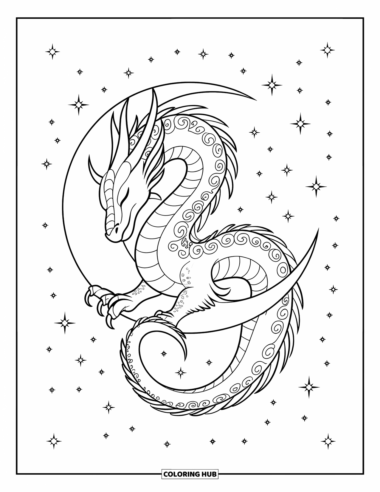 Dibujo de dragón para colorear para adultos: Un dragón con alas detalladas descansa sobre una luna creciente, rodeado de un cielo nocturno estrellado