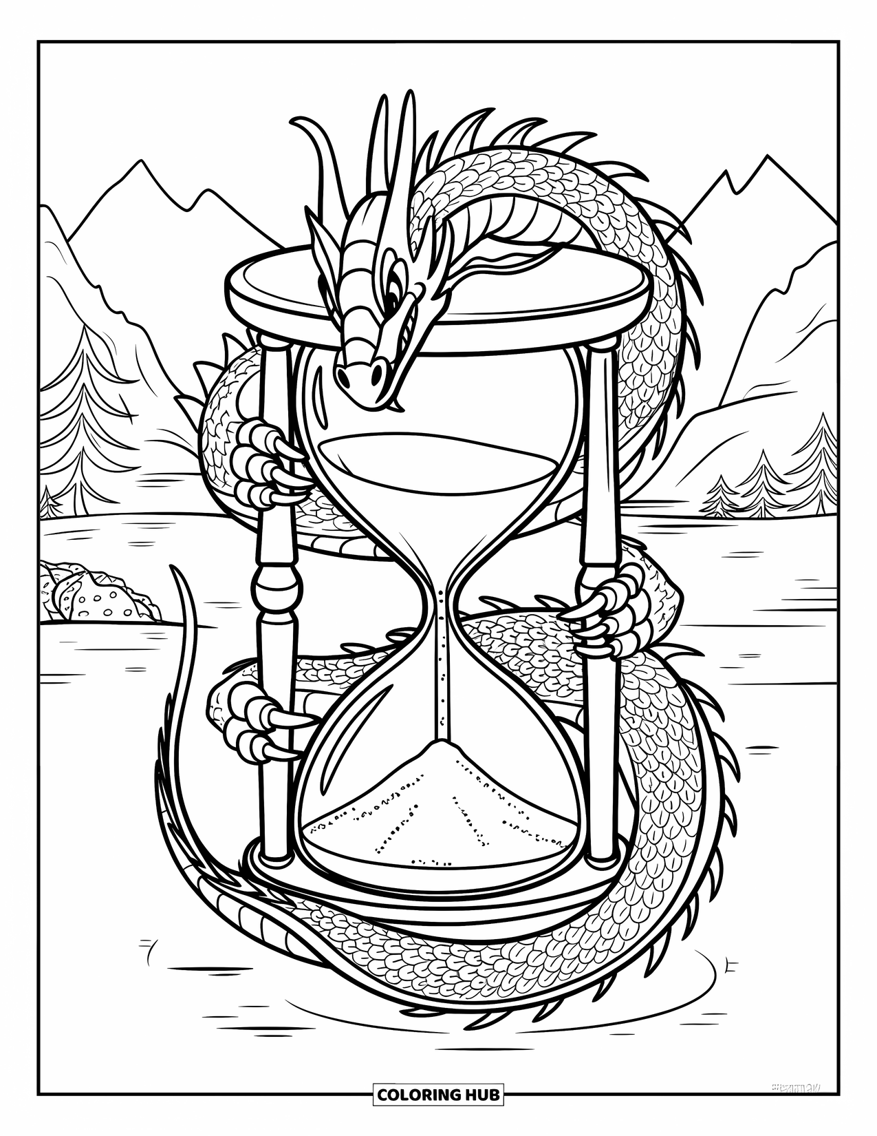 Dibujo de dragón para colorear para adultos: Un dragón con escamas elaboradas agarra un reloj de arena, con arena fluyendo sin cesar a través de él