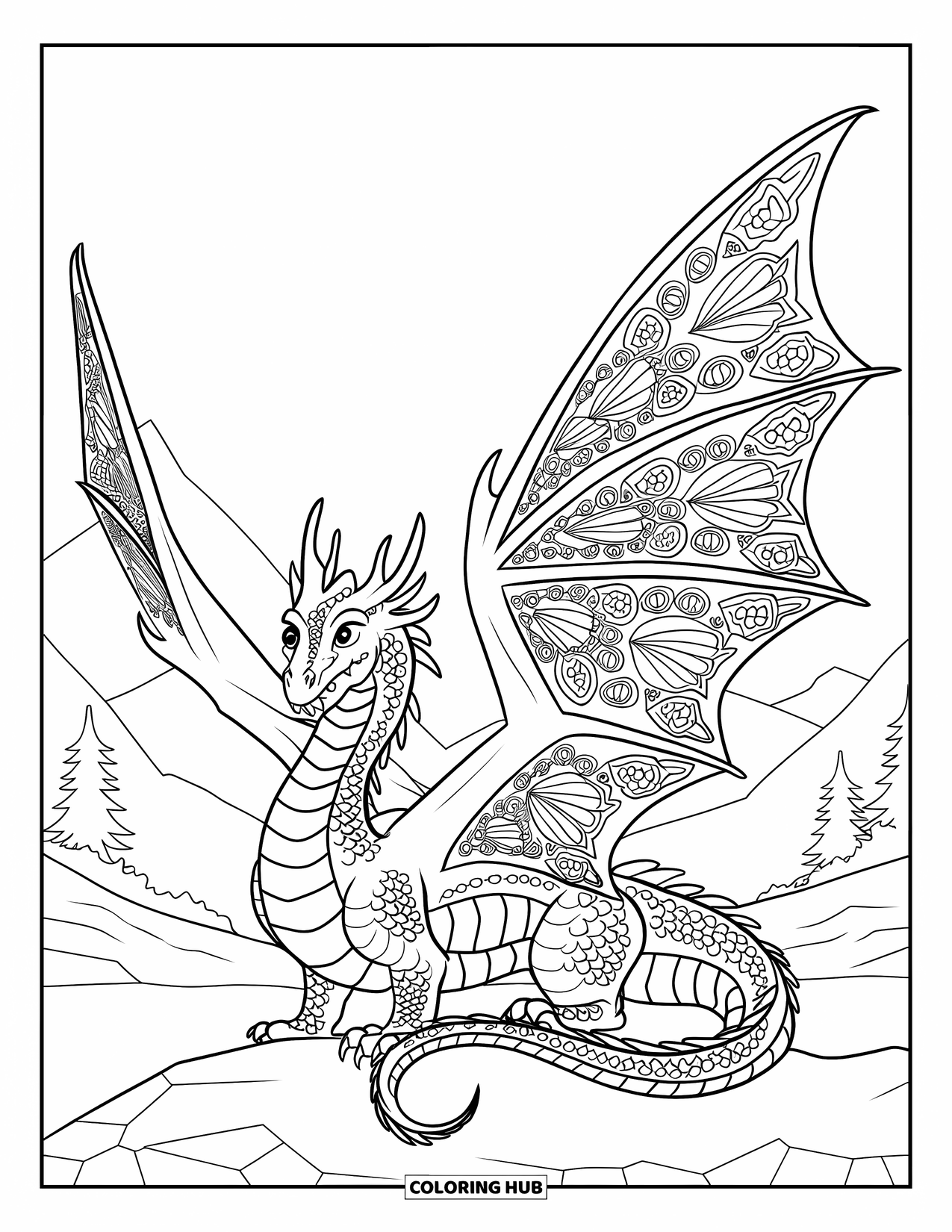 Dibujo de dragón para colorear para adultos: Un dragón con alas elaboradas descansa sobre un terreno rocoso, rodeado de montañas y árboles