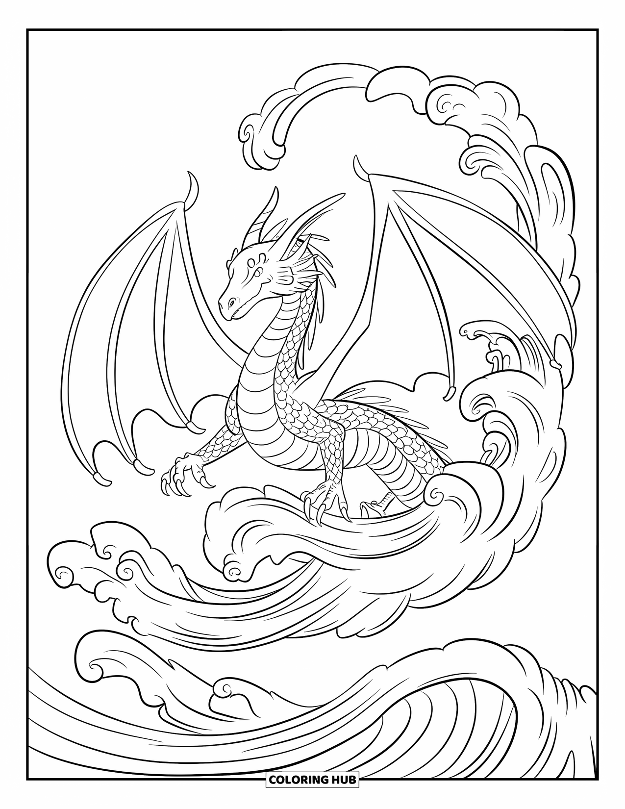 Dibujo de dragón para colorear para adultos: Un dragón con ojos brillantes extiende sus alas, rodeado de niebla arremolinada y decorativa