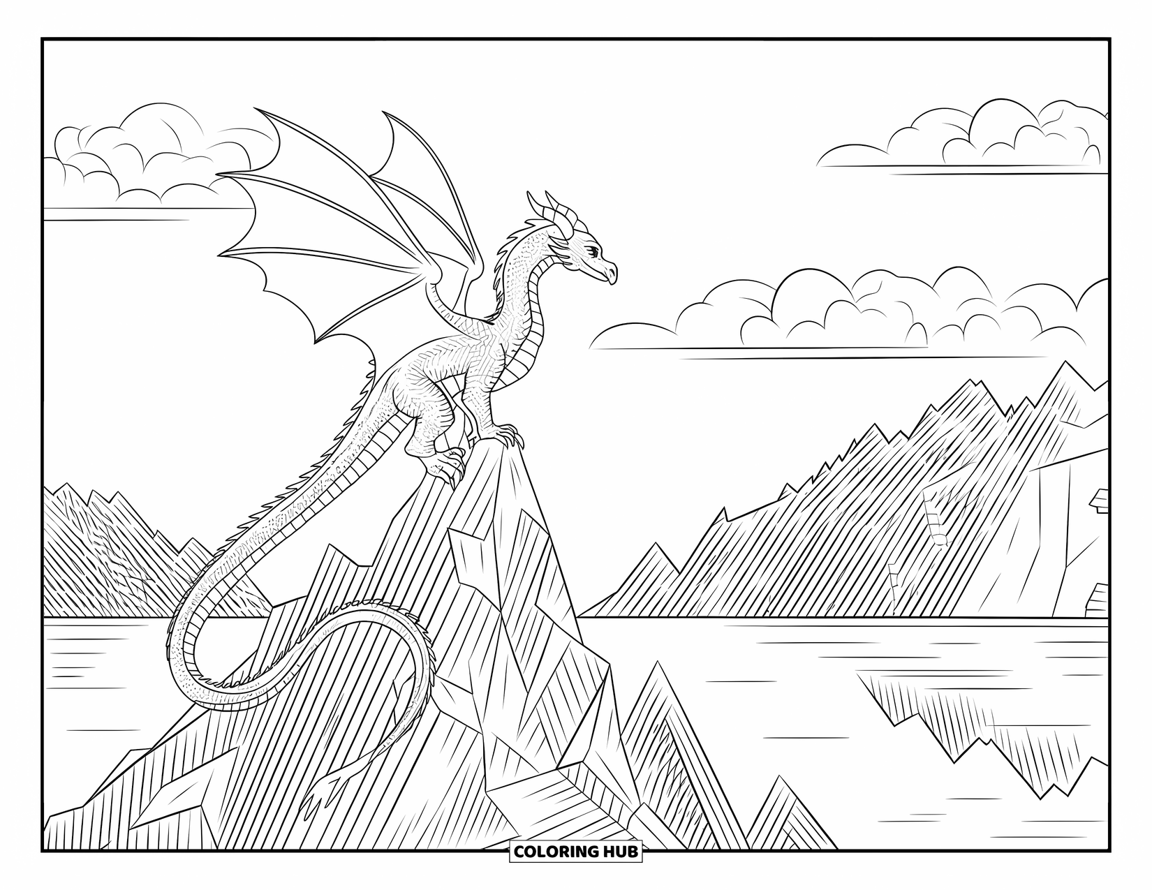 Dibujo de dragón para colorear para adultos: Un dragón con escamas intrincadas se posa en un pico afilado, reflejado en el lago de abajo