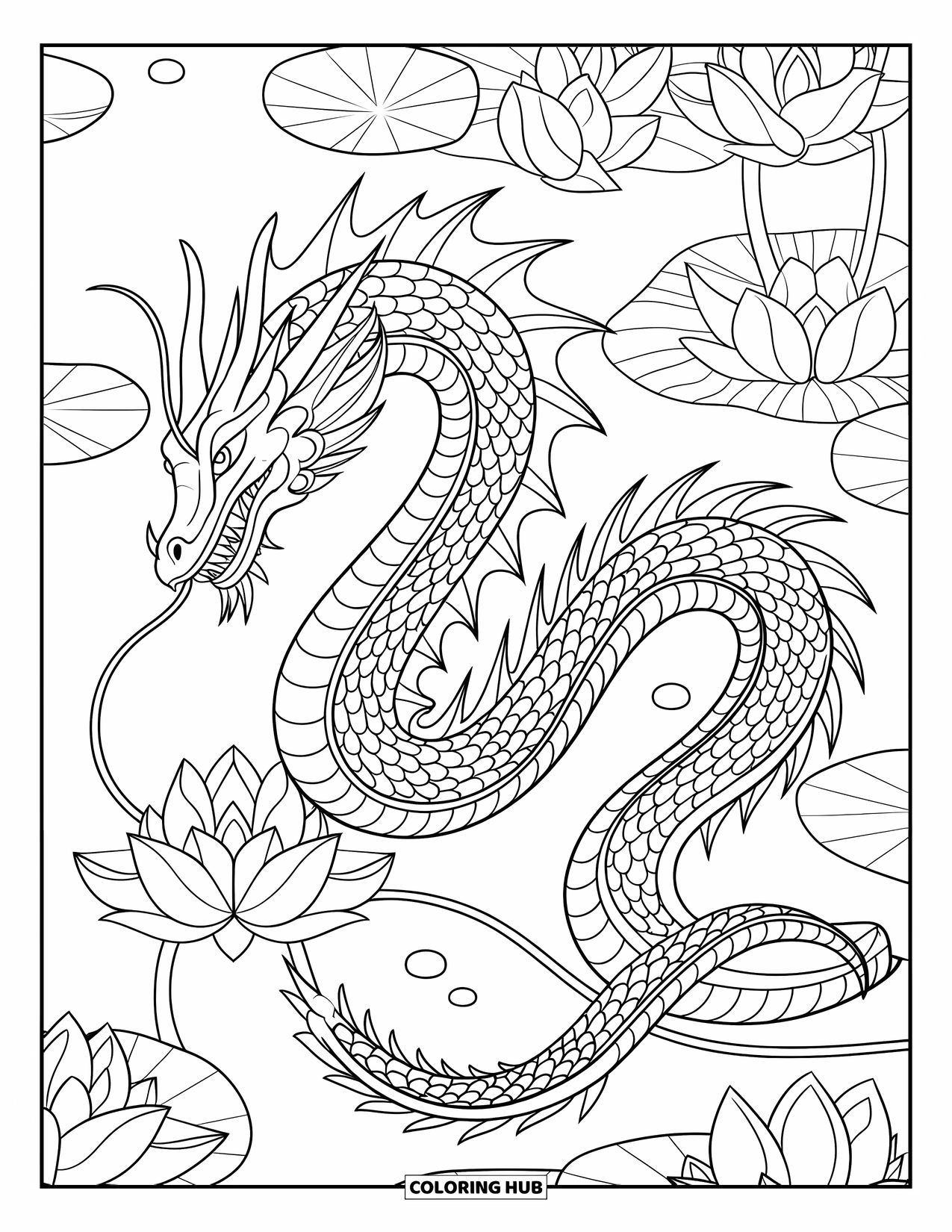 Dibujo de dragón para colorear para adultos: Un dragón con escamas intrincadas envuelve su cola alrededor de una flor de loto en un estanque tranquilo