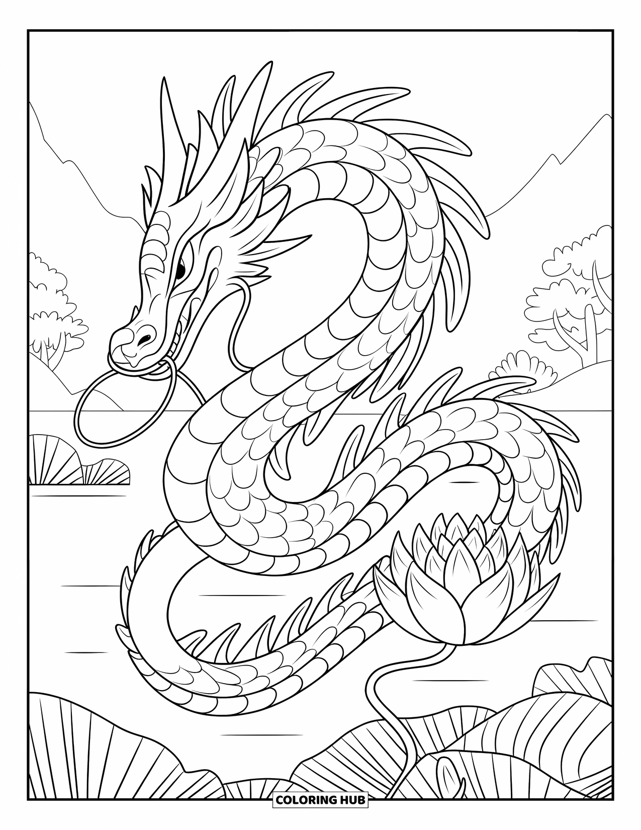 Dibujo de dragón para colorear para adultos: Un dragón con escamas en capas enrolla su cola alrededor de un loto floreciente en un entorno tranquilo