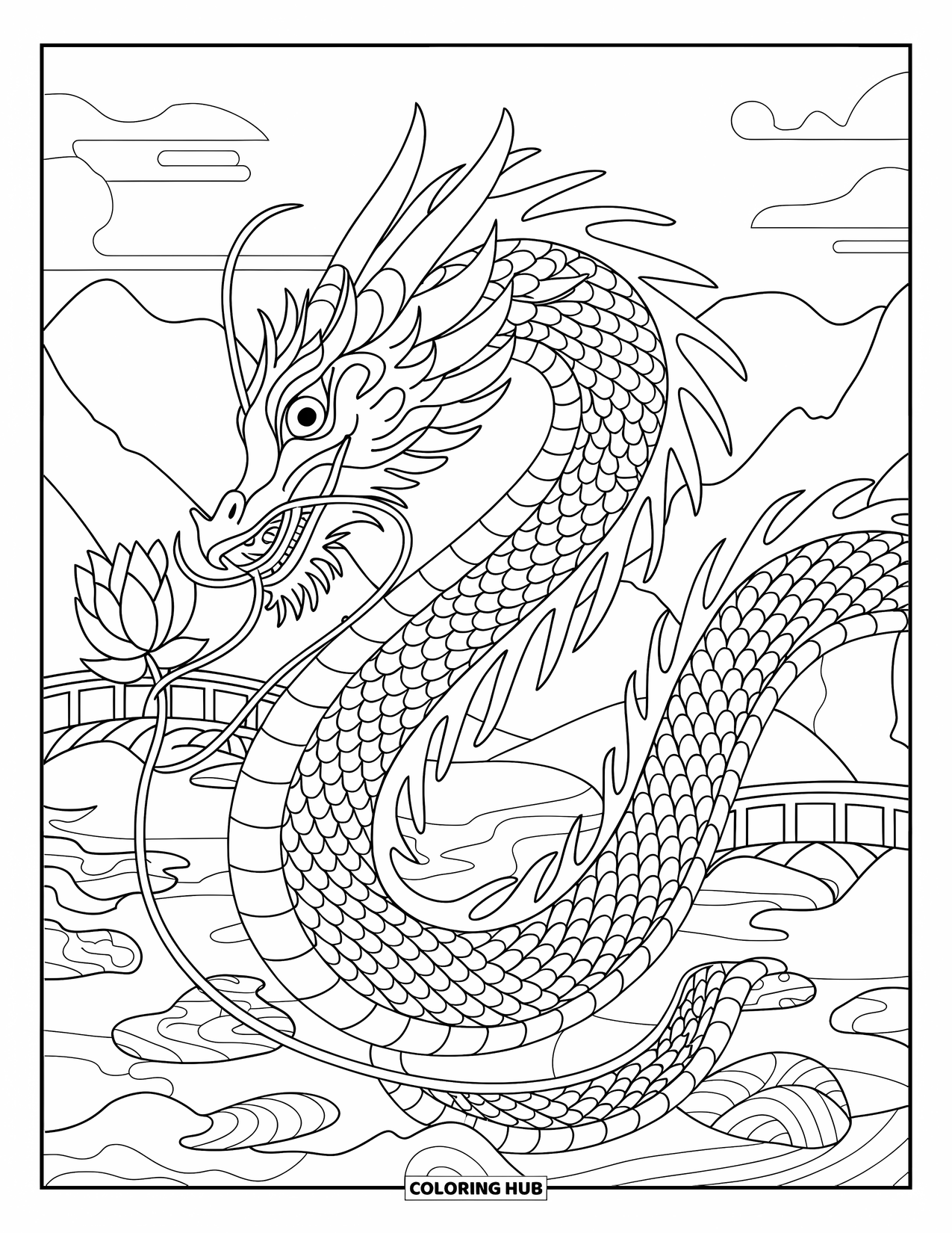 Dibujo de dragón para colorear para adultos: Un dragón con escamas superpuestas se enrolla alrededor de un loto, con montañas y un templo detrás