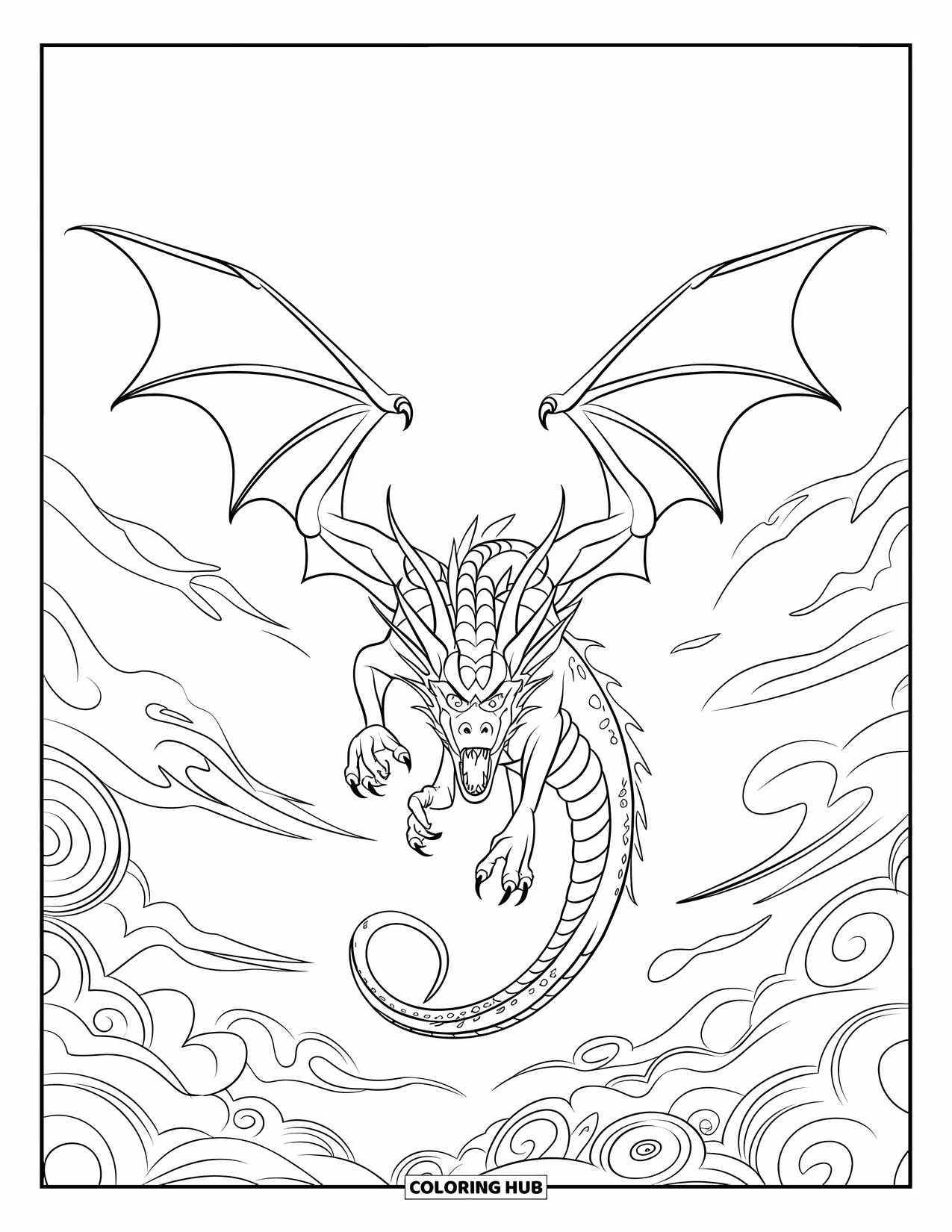 Dibujo de dragón para colorear para adultos: Un dragón con alas extendidas se eleva entre el viento arremolinado e intrincados patrones de nubes