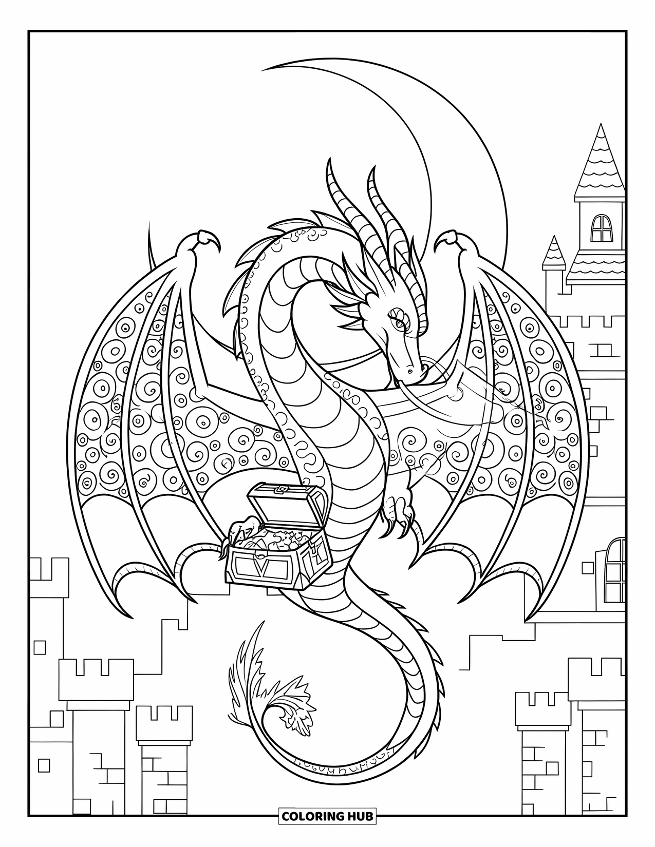 Dibujo de dragón para colorear para adultos: Un dragón con patrones de alas arremolinadas se enrosca alrededor de una luna creciente, agarrando un cofre del tesoro