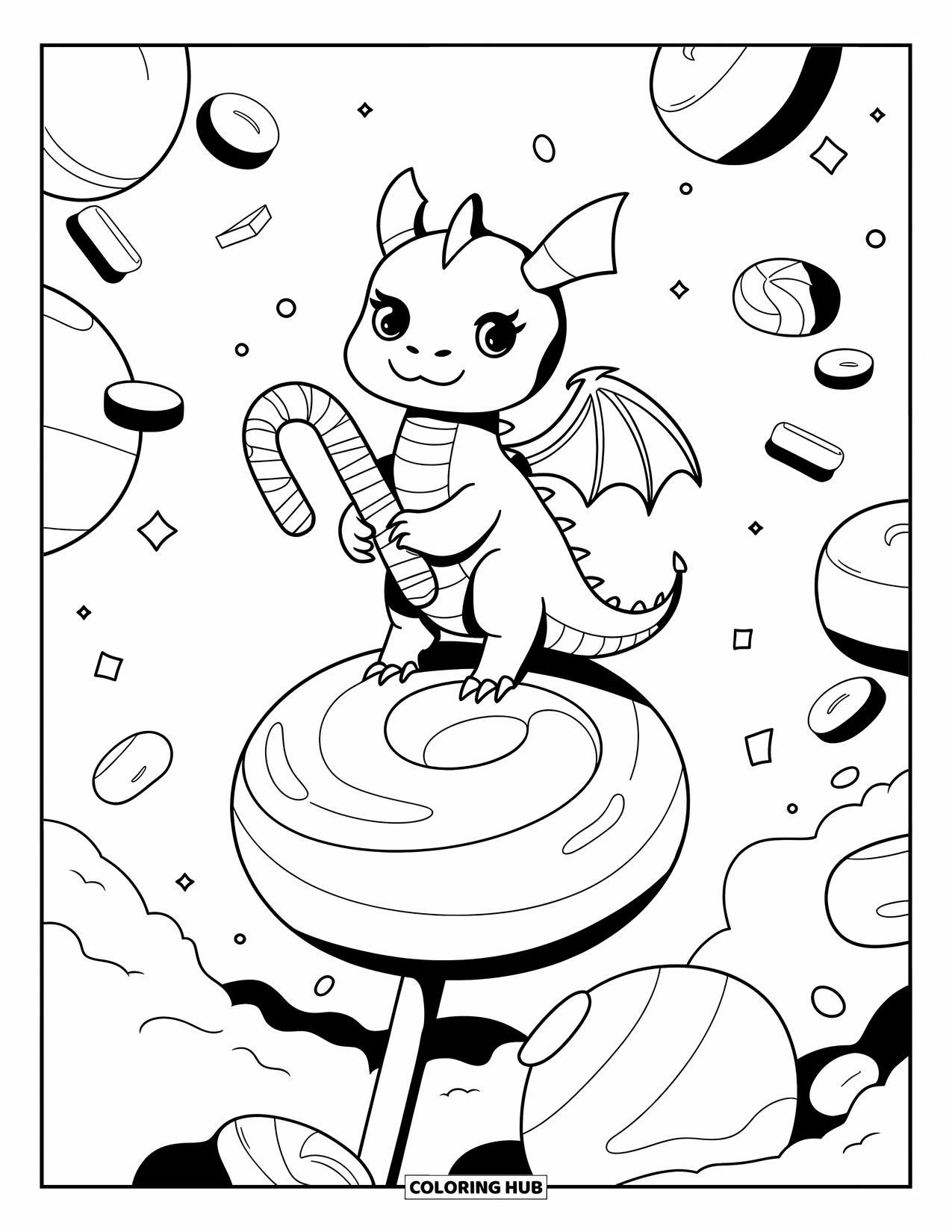 Dibujo de dragón para colorear para adultos: Un dragón con pequeñas alas se equilibra sobre una piruleta, rodeado de trozos de caramelo flotantes