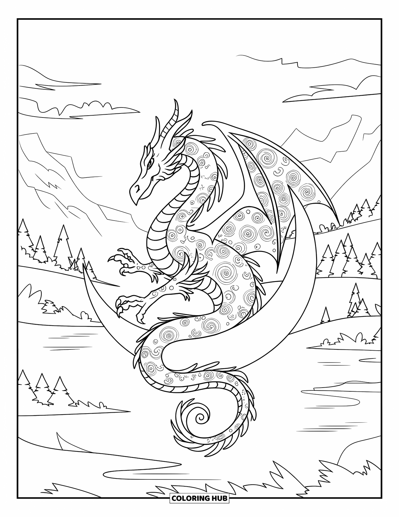 Dibujo de dragón para colorear para adultos: Un dragón se envuelve alrededor de una luna creciente que descansa en el suelo, con un paisaje tranquilo de fondo