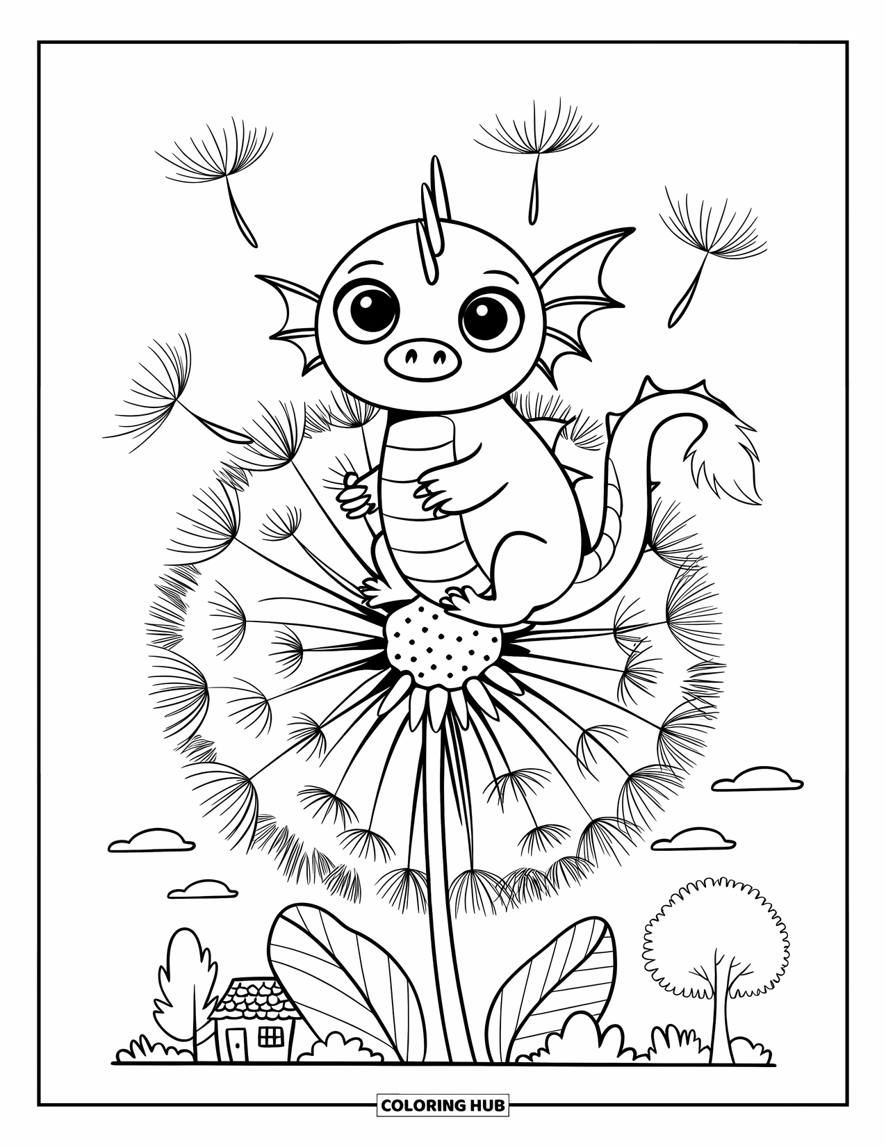 Dibujo de dragón para colorear para adultos: Un dragón de cola esponjosa se sienta en un copo de diente de león, observando las semillas flotar por el aire