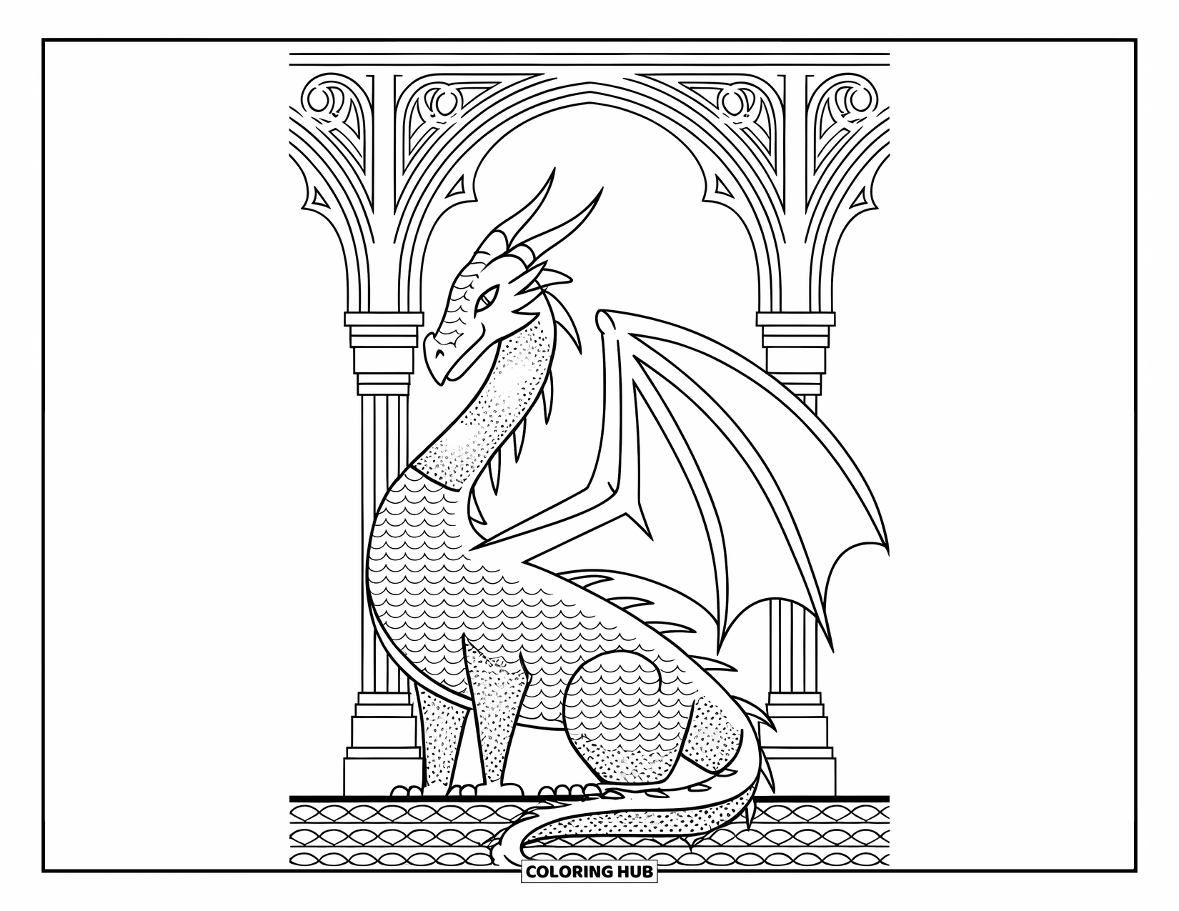 Dibujo de dragón para colorear para adultos: Un majestuoso dragón extiende sus alas debajo de arcos góticos, descansando sobre un suelo con un patrón detallado