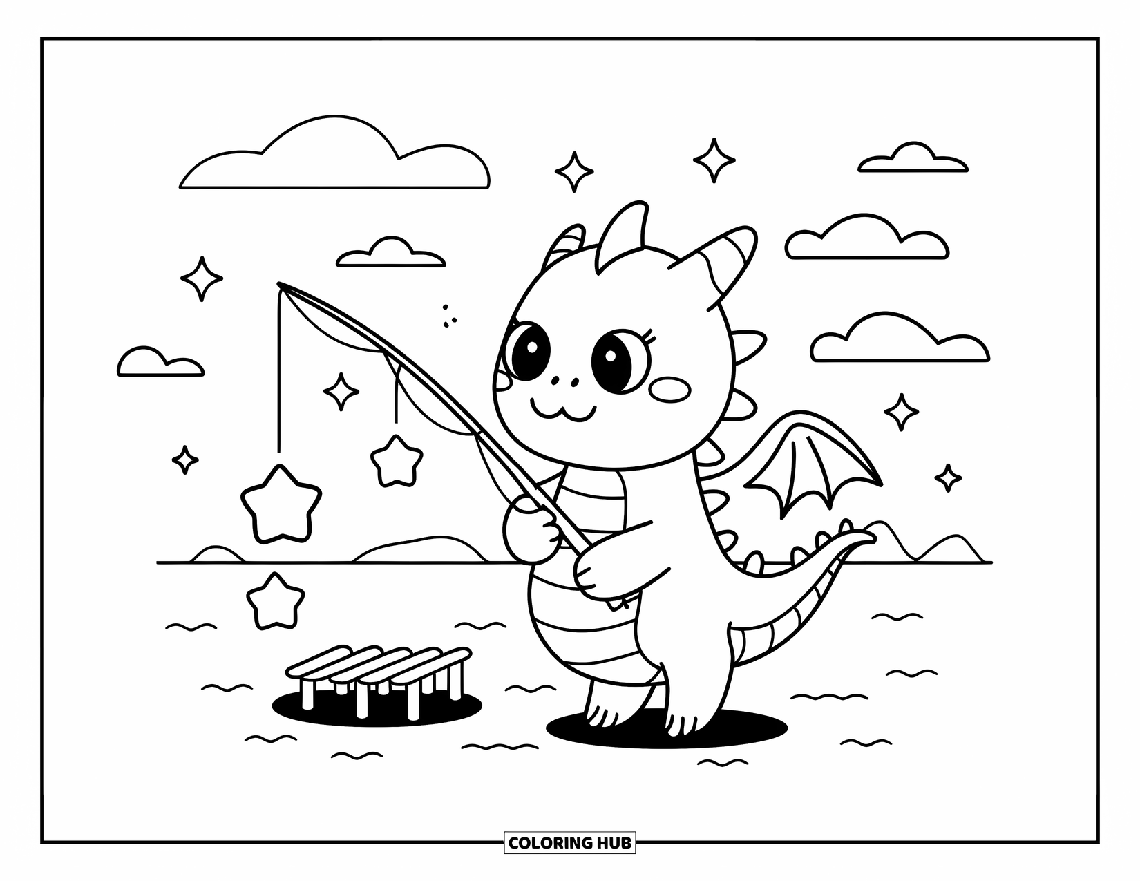 Dibujo de dragón para colorear para adultos: Un dragón juguetón con una caña de pescar intenta atrapar estrellas mientras su cola se enrosca alrededor de un muelle
