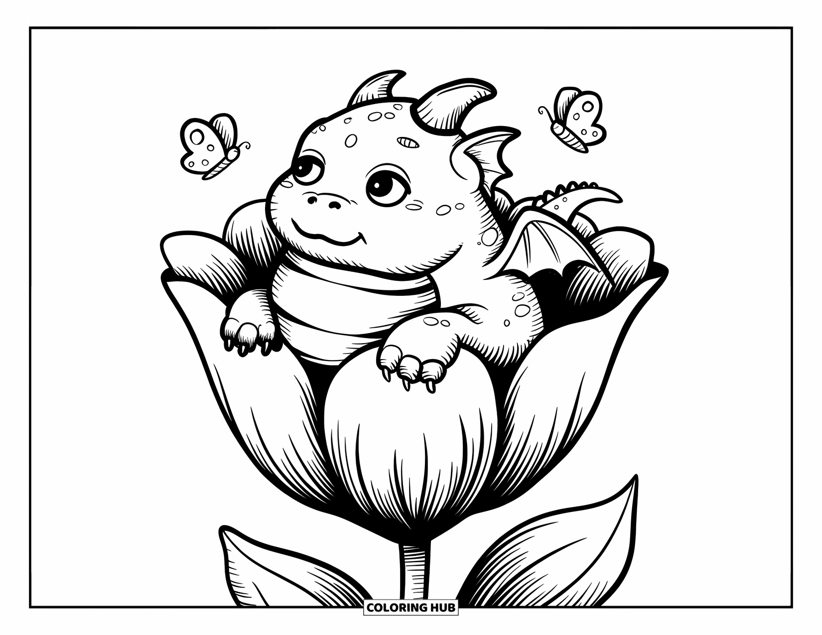 Dibujo de dragón para colorear para adultos: Un dragón gordito asoma desde una flor gigante, con sus alas descansando suavemente sobre los pétalos