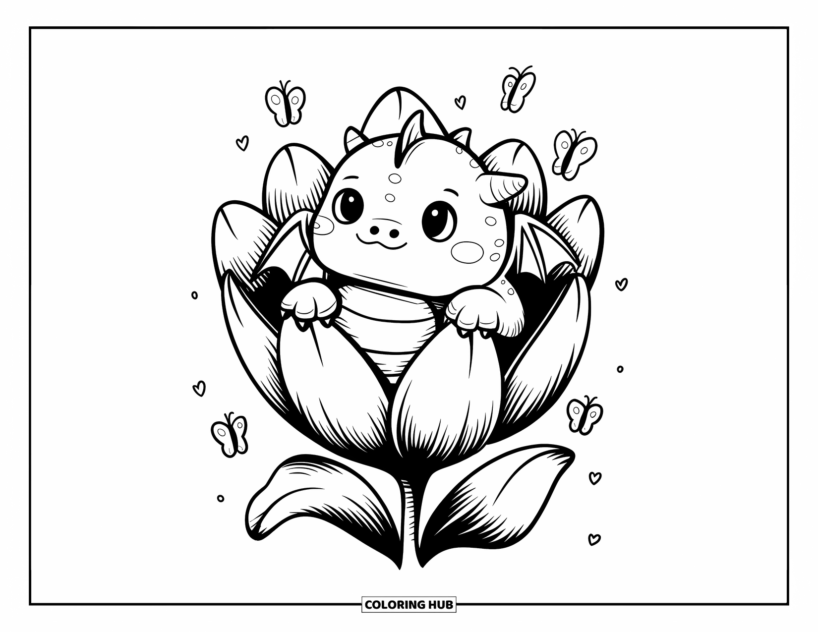 Dibujo de dragón para colorear para adultos: Un dragón gordito se sienta dentro de una flor gigante, con sus alas descansando suavemente mientras las mariposas revolotean cerca