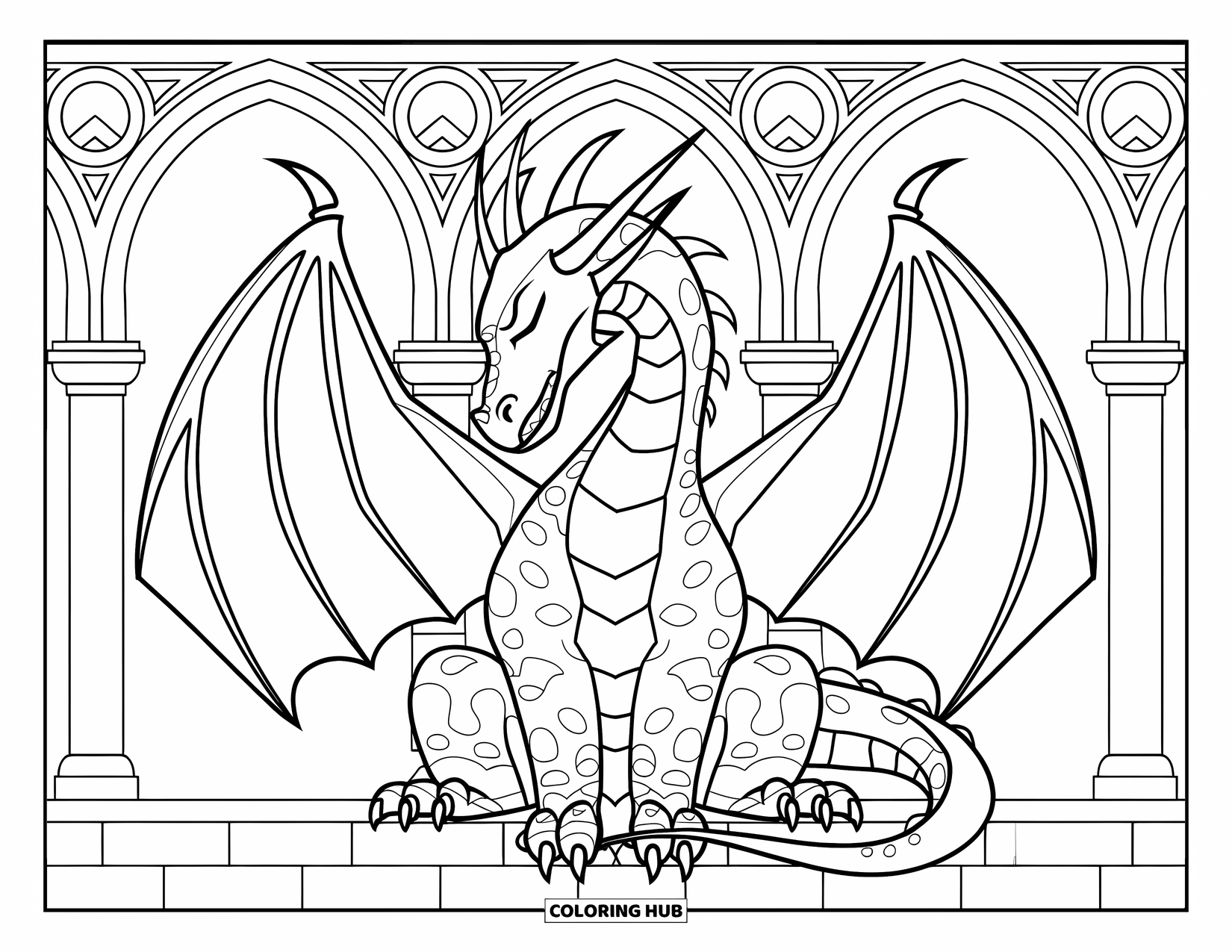 Dibujo de dragón para colorear para adultos: Un dragón majestuoso se sienta entre arcos góticos, con sus alas plegadas mientras contempla su dominio