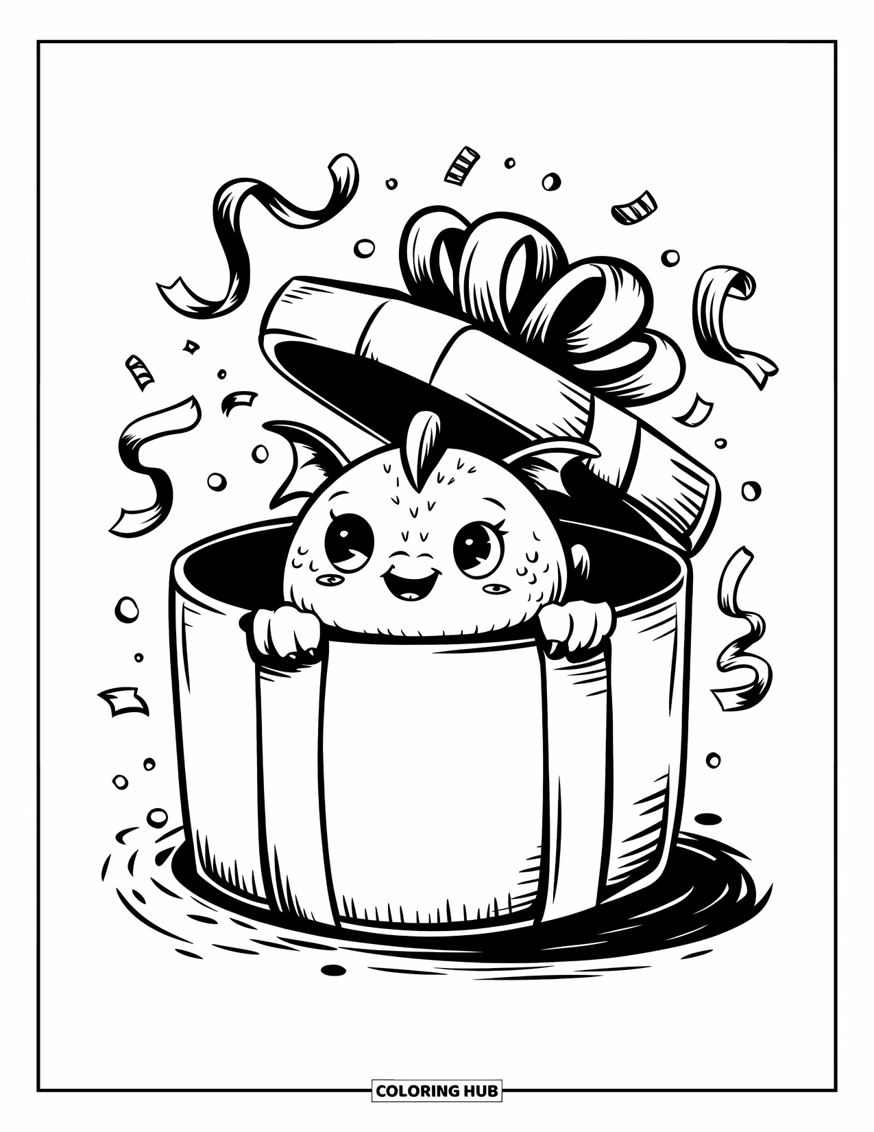 Dibujo de dragón para colorear para adultos: Un dragón redondo asoma desde una caja de regalo gigante, rodeado de confeti y cintas flotantes