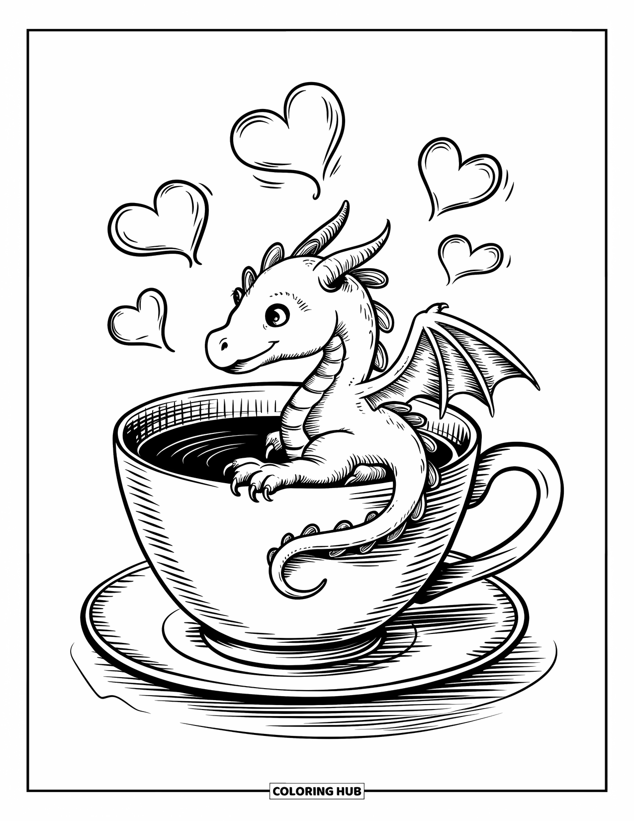 Dibujo de dragón para colorear para adultos: Un pequeño dragón se acurruca dentro de una taza de té, con su cola colgando sobre el borde