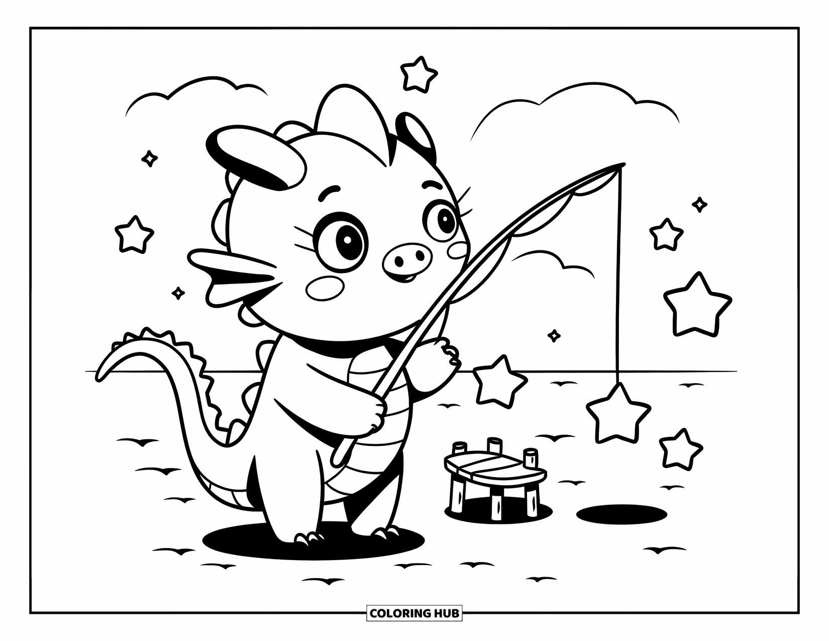 Dibujo de dragón para colorear para adultos: Un pequeño dragón se sienta en un muelle, alcanzando estrellas flotantes con una caña de pescar