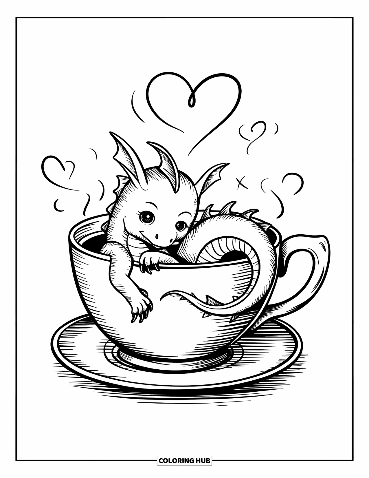 Dibujo de dragón para colorear para adultos: Un pequeño dragón se acurruca en una taza de té, con vapor flotante en forma de corazón en el aire
