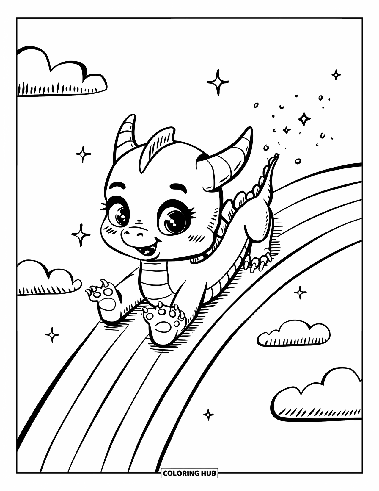 Dibujo de dragón para colorear para adultos: Un pequeño dragón con una sonrisa feliz se desliza por un arcoíris con un rastro de destellos