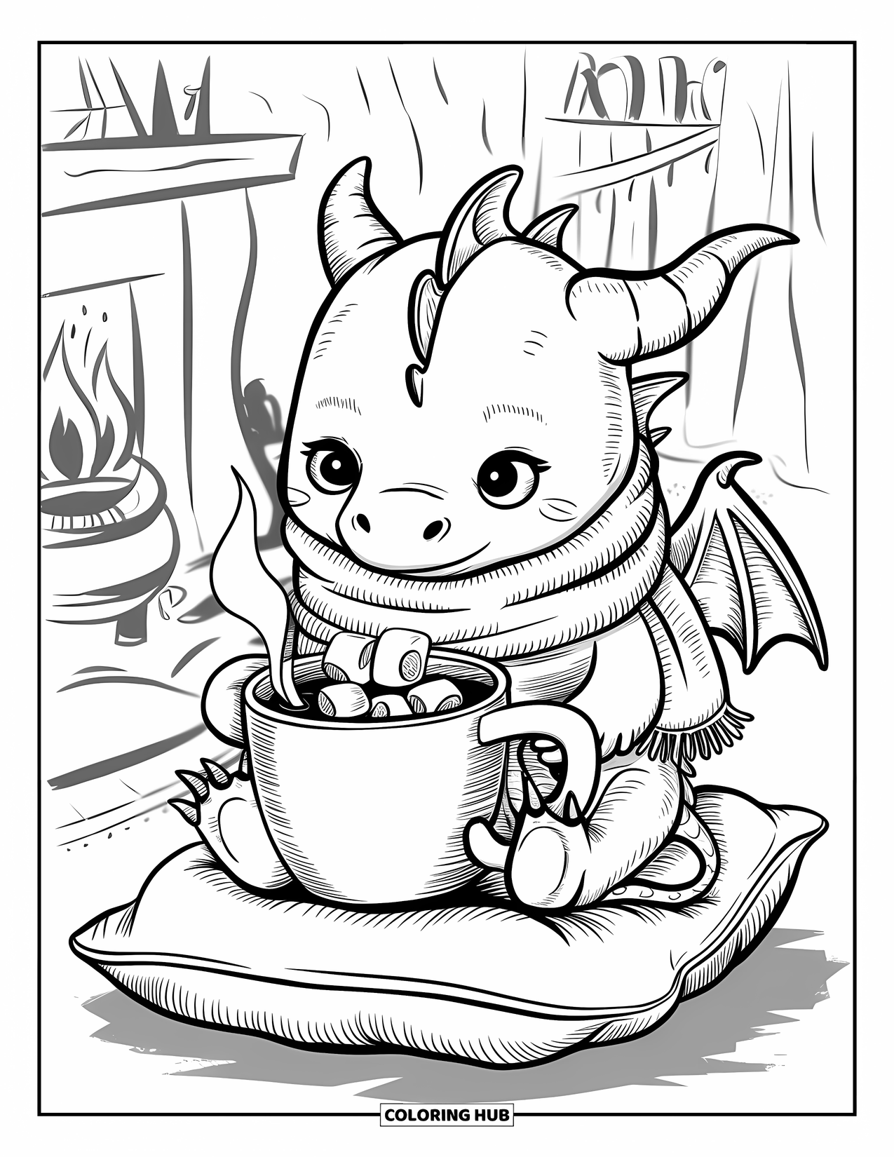 Dibujo de dragón para colorear para adultos: Un pequeño dragón envuelto en una bufanda disfruta de una bebida caliente junto a la chimenea