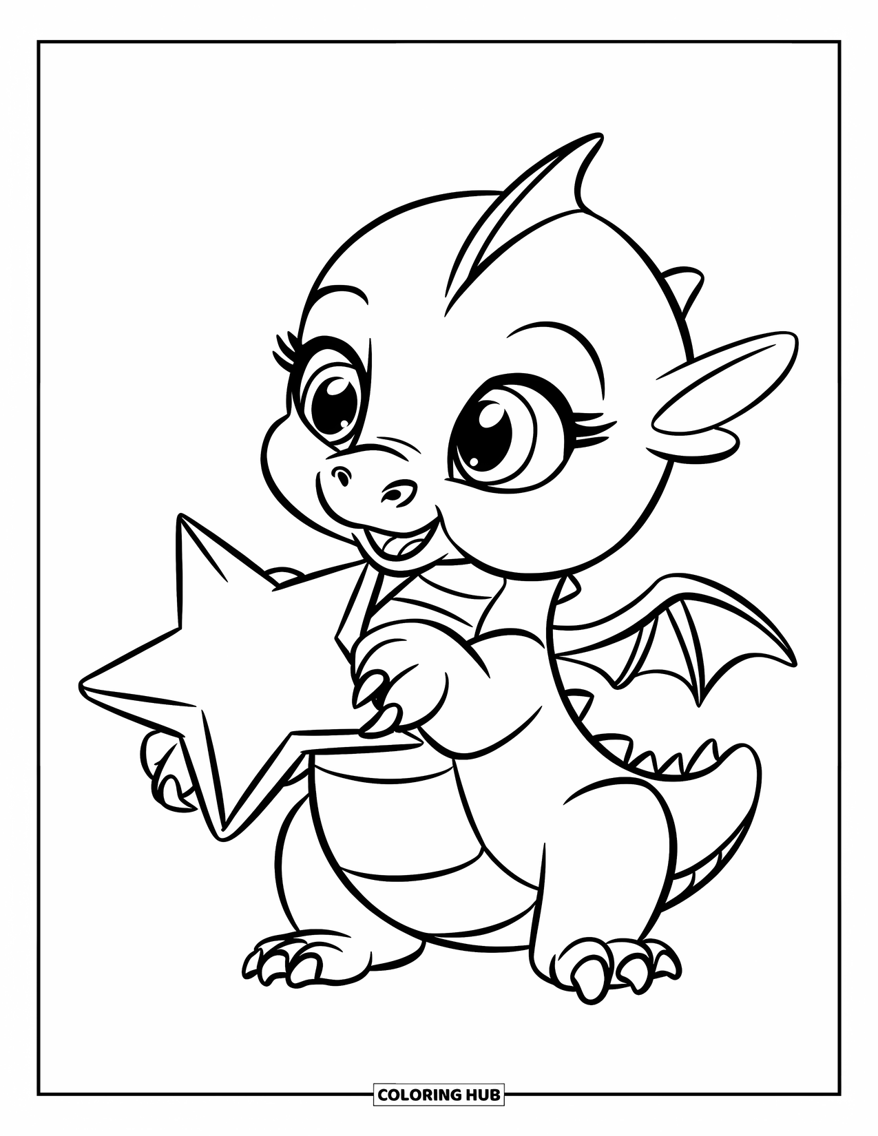 Dibujo de dragón para colorear para niños: Un bebé dragón sostiene una estrella en sus pequeñas garras, mirándola con asombro