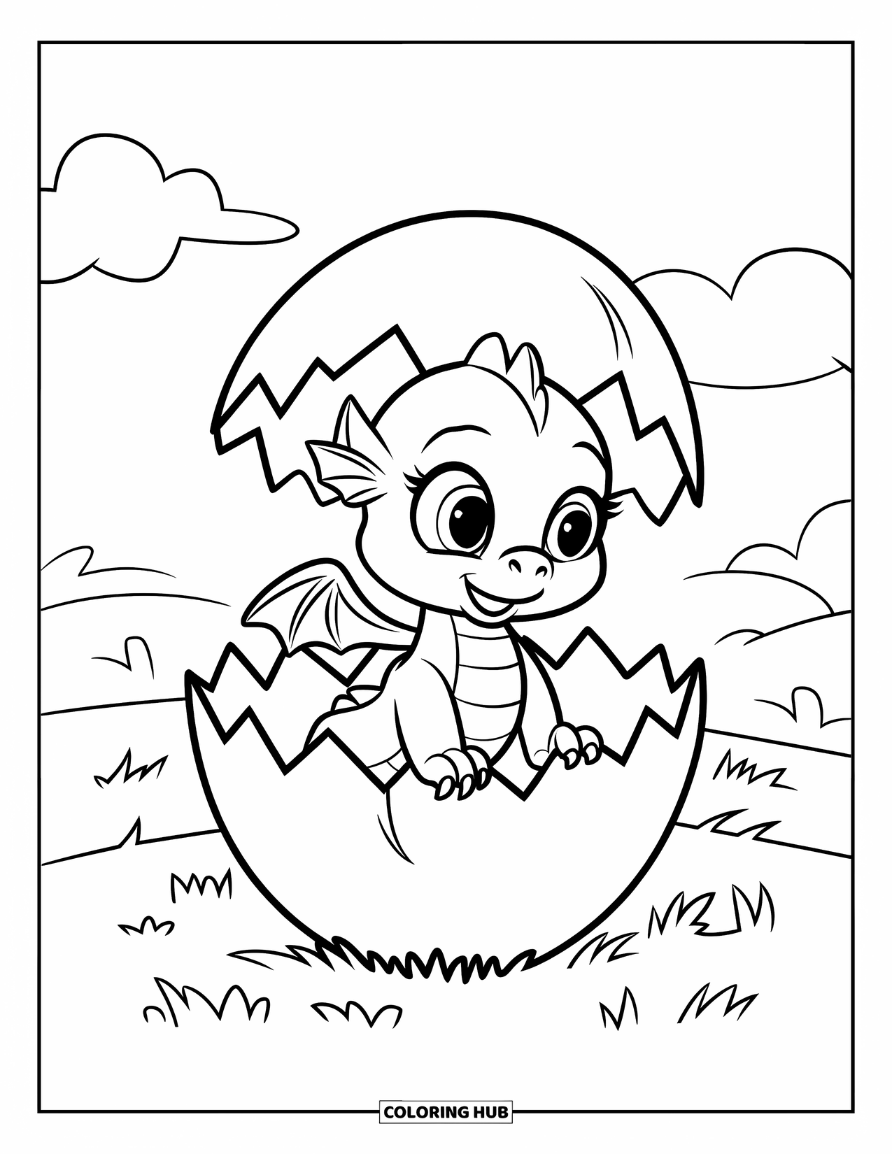 Dibujo de dragón para colorear para niños: Un bebé dragón con pequeñas alas se sienta en un huevo agrietado, mirando hacia el cielo
