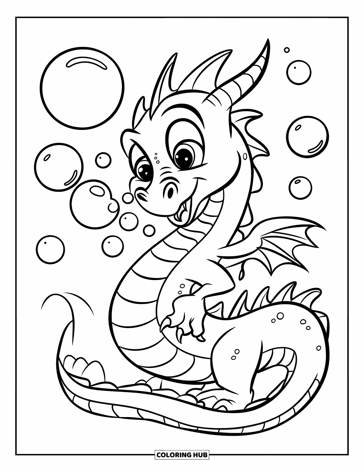 Dibujo de dragón para colorear para niños: Un dragón alegre se sienta con la cola enrollada, soplando felizmente burbujas en el aire