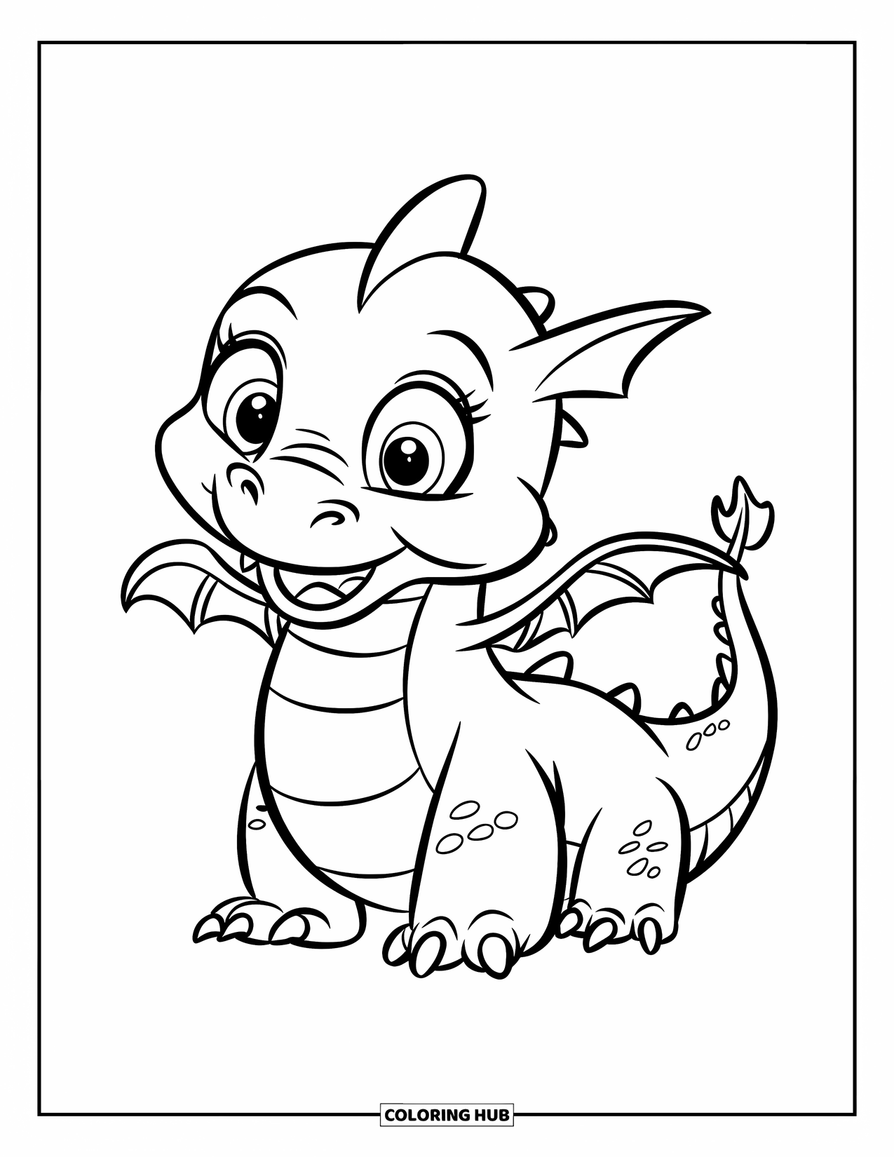 Dibujo de dragón para colorear para niños: Un dragón alegre con un gran hocico mueve juguetonamente su cola mientras está sentado en una roca