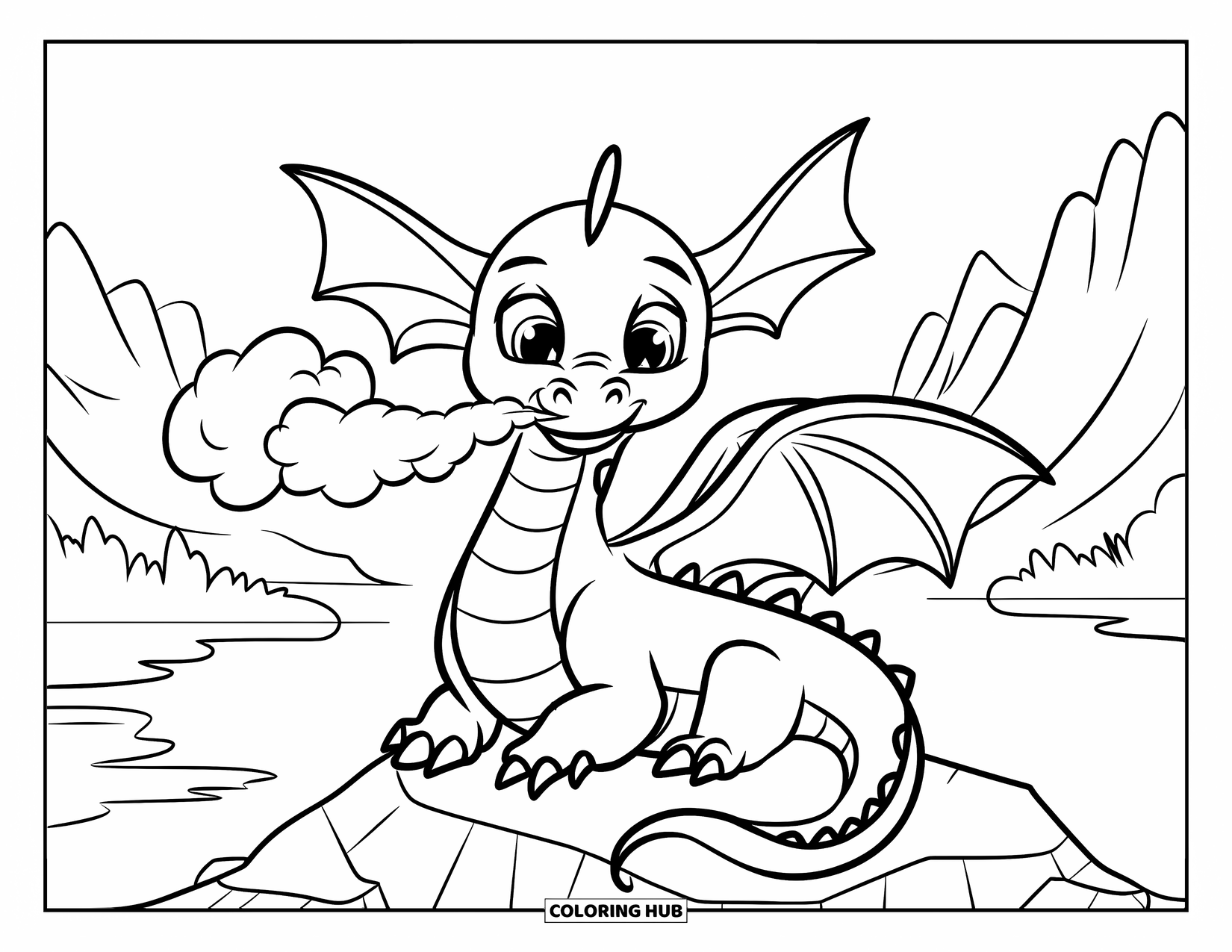 Dibujo de dragón para colorear para niños: Un dragón alegre con orejas caídas se sienta en una roca, exhalando juguetonamente una pequeña nube de humo