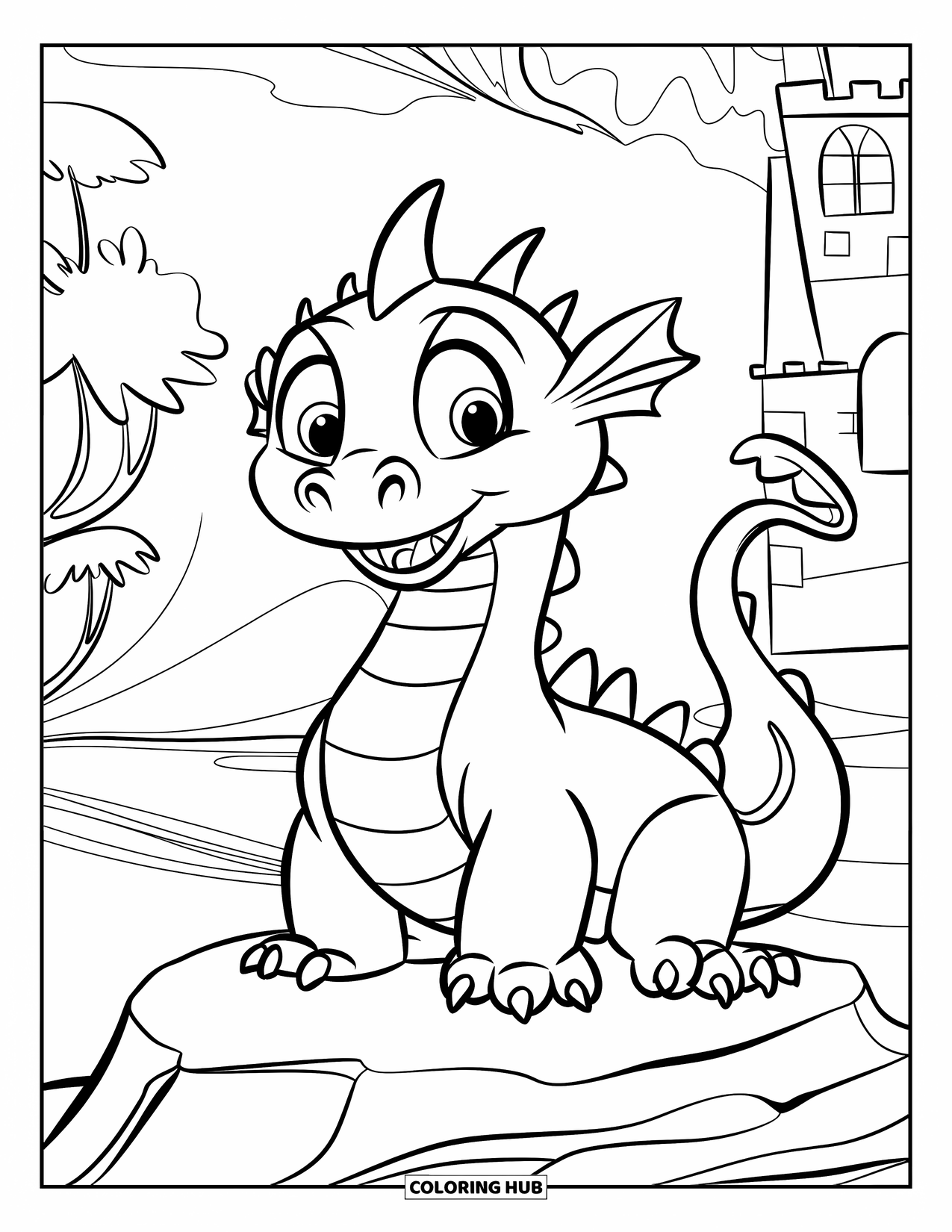 Dibujo de dragón para colorear para niños: Un dragón gordito con un gran hocico se sienta en una roca, moviendo su pequeña cola juguetonamente