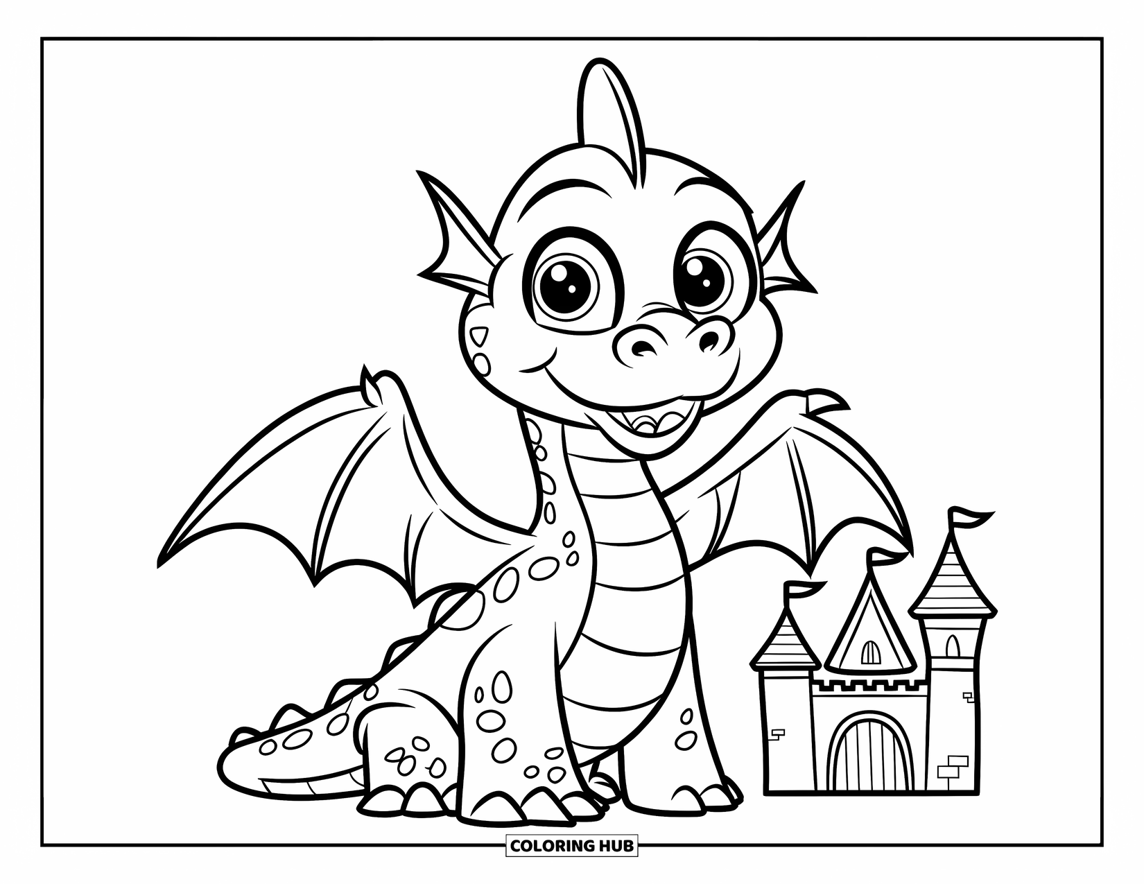 Dibujo de dragón para colorear para niños: Un dragón gordito con una amplia sonrisa se encuentra junto a un castillo bajo un cielo despejado