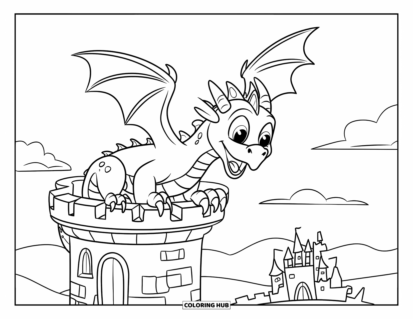 Dibujo de dragón para colorear para niños: Un dragón coronado se posa en una torre, mirando hacia abajo al castillo de abajo con entusiasmo