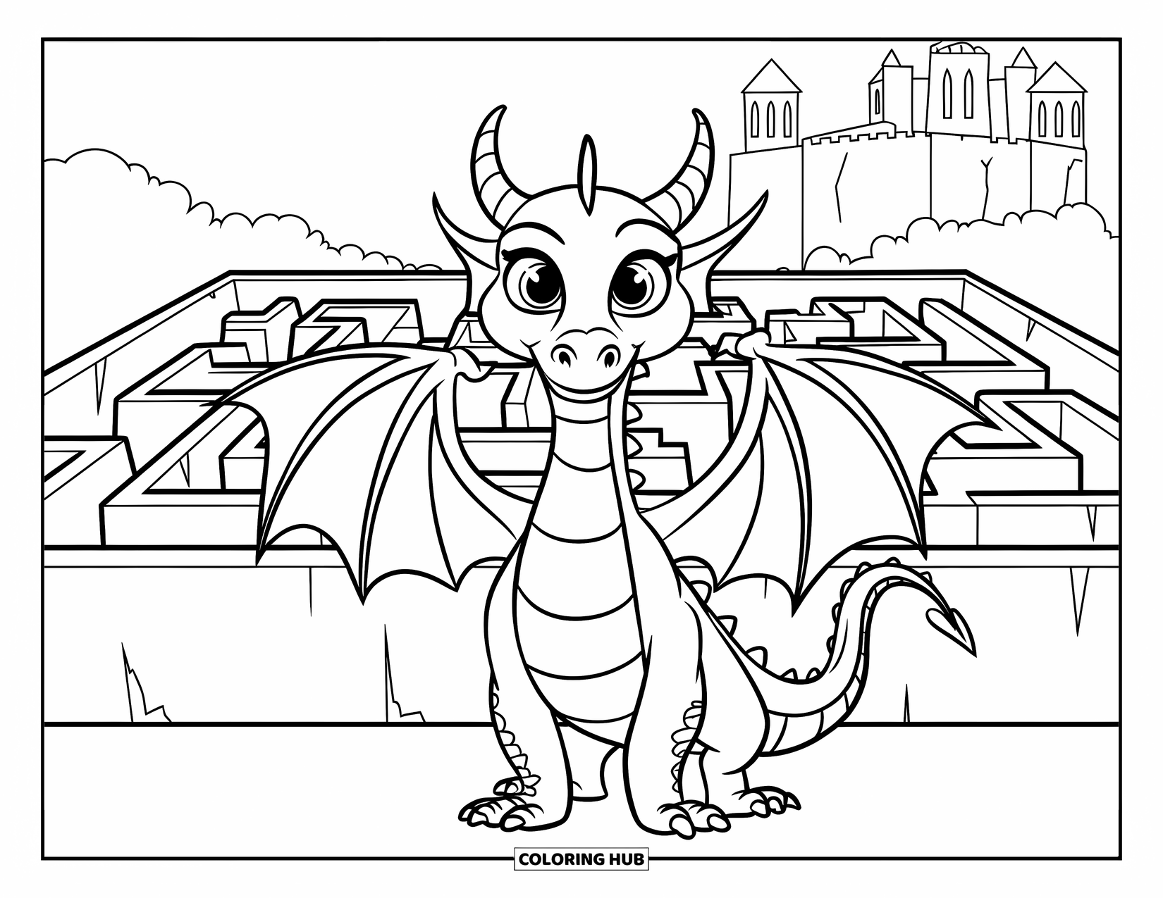 Dibujo de dragón para colorear para niños: Un dragón coronado se encuentra ante un laberinto de altas paredes, con un castillo elevándose en la distancia