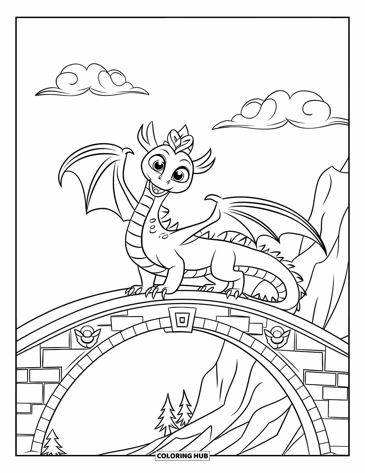 Dibujo de dragón para colorear para niños: Un dragón coronado se encuentra en un puente decorado, rodeado de nubes y árboles distantes