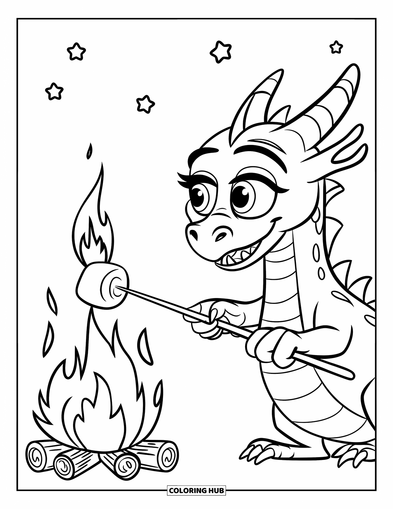 Dibujo de dragón para colorear para niños: Un dragón sopla una pequeña llama, tratando de tostar una nube sobre una fogata