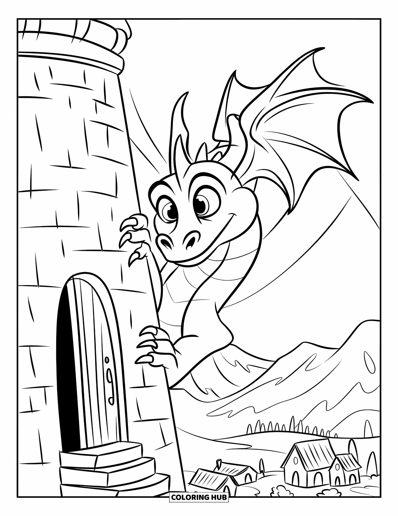 Dibujo de dragón para colorear para niños: Un dragón se aferra a una torre, mirando hacia abajo a un pueblo rodeado de montañas y árboles