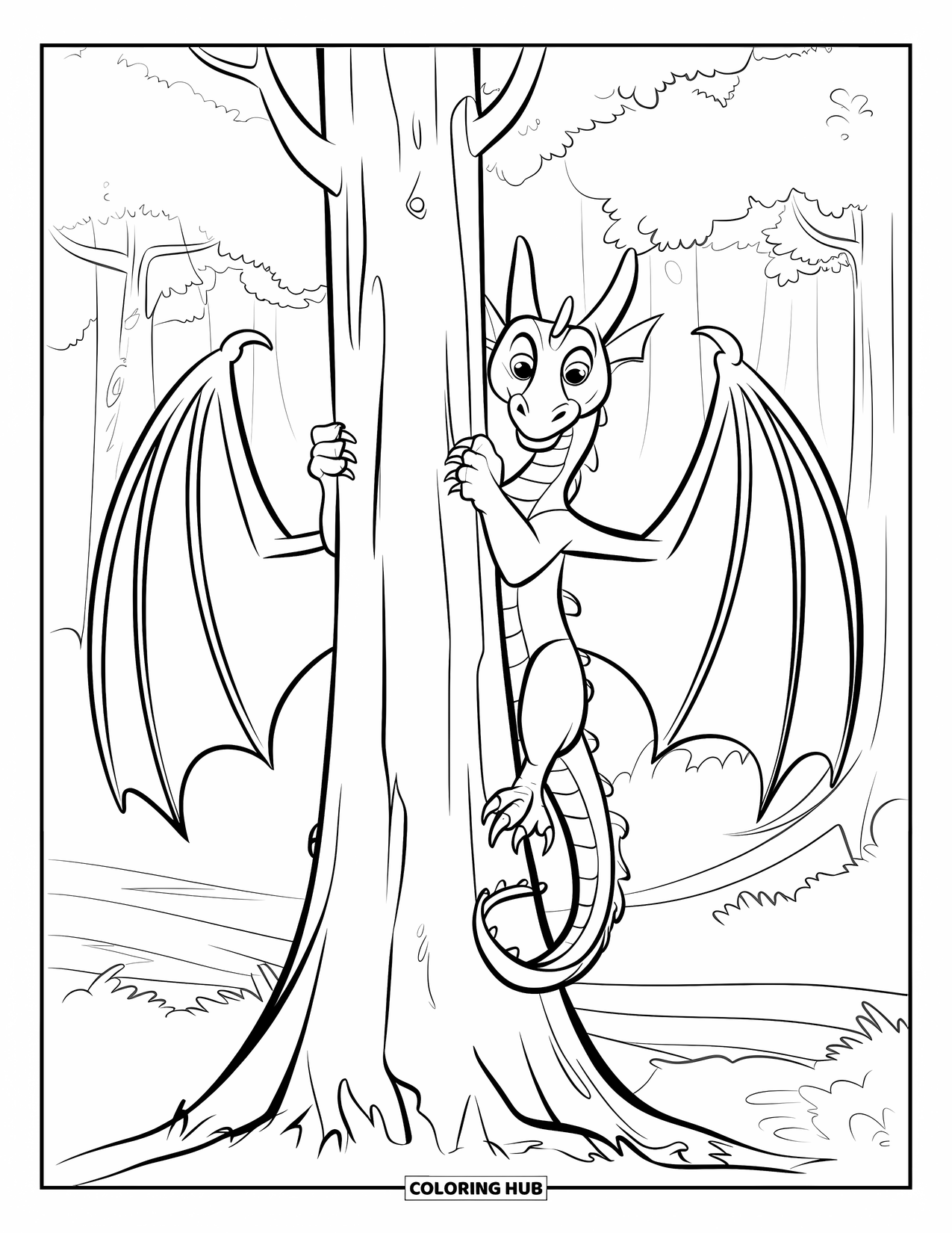 Dibujo de dragón para colorear para niños: Un dragón se aferra a un árbol en un bosque neblinoso, con las alas pegadas al cuerpo