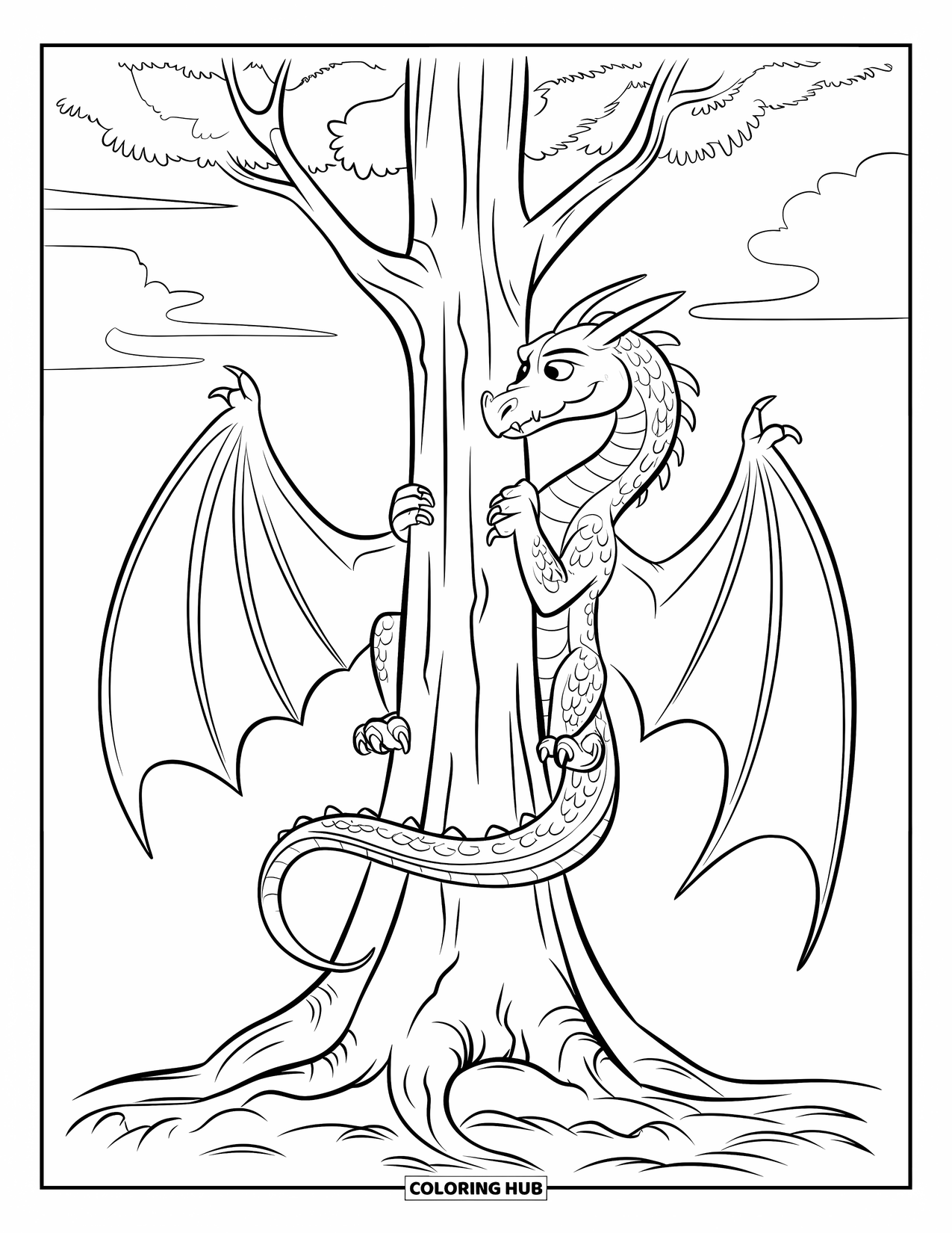 Dibujo de dragón para colorear para niños: Un dragón agarra un árbol con afiladas garras, enmarcado por un cielo oscuro y tormentoso
