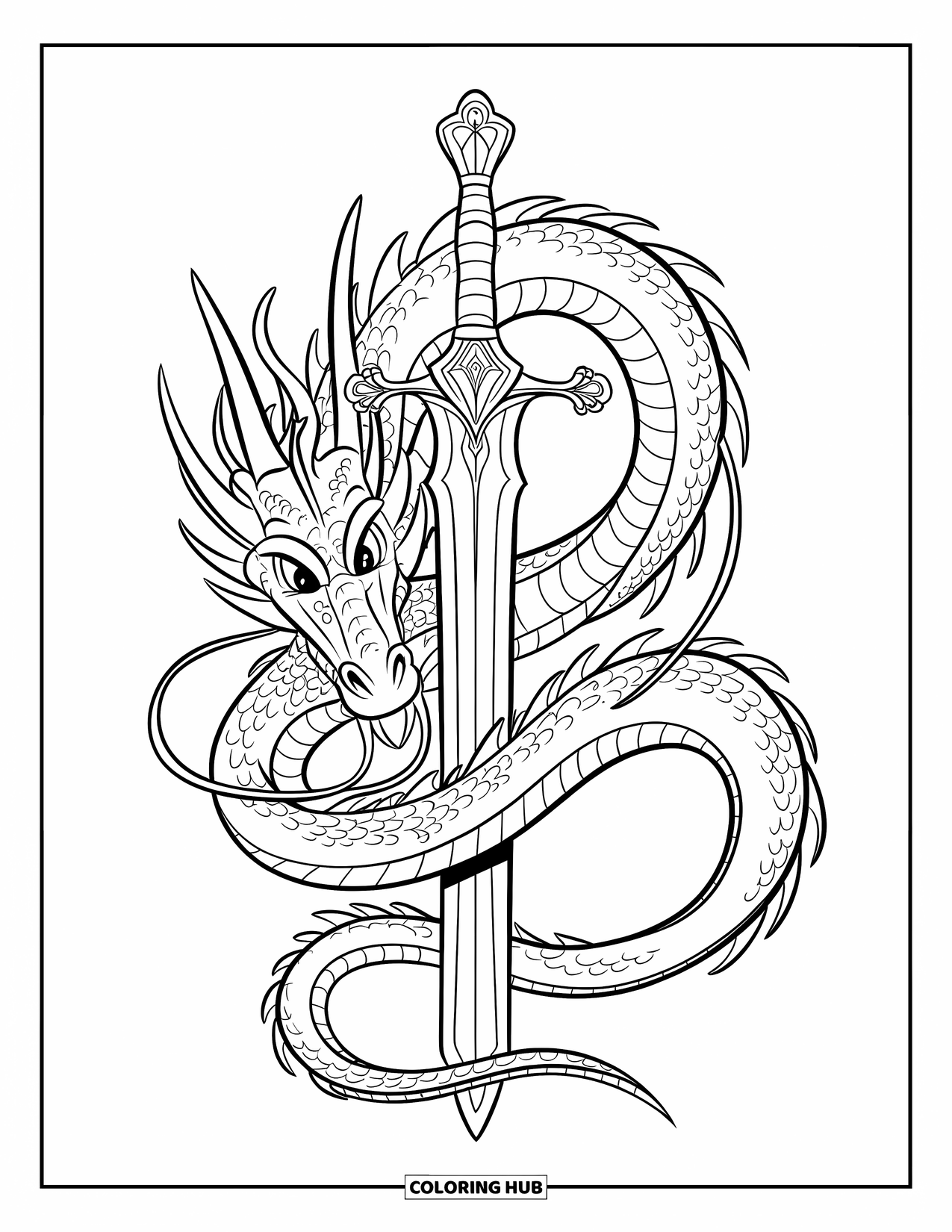 Dibujo de dragón para colorear para niños: Un dragón enrolla su cola alrededor de una espada decorada, con sus afilados dientes al descubierto en concentración