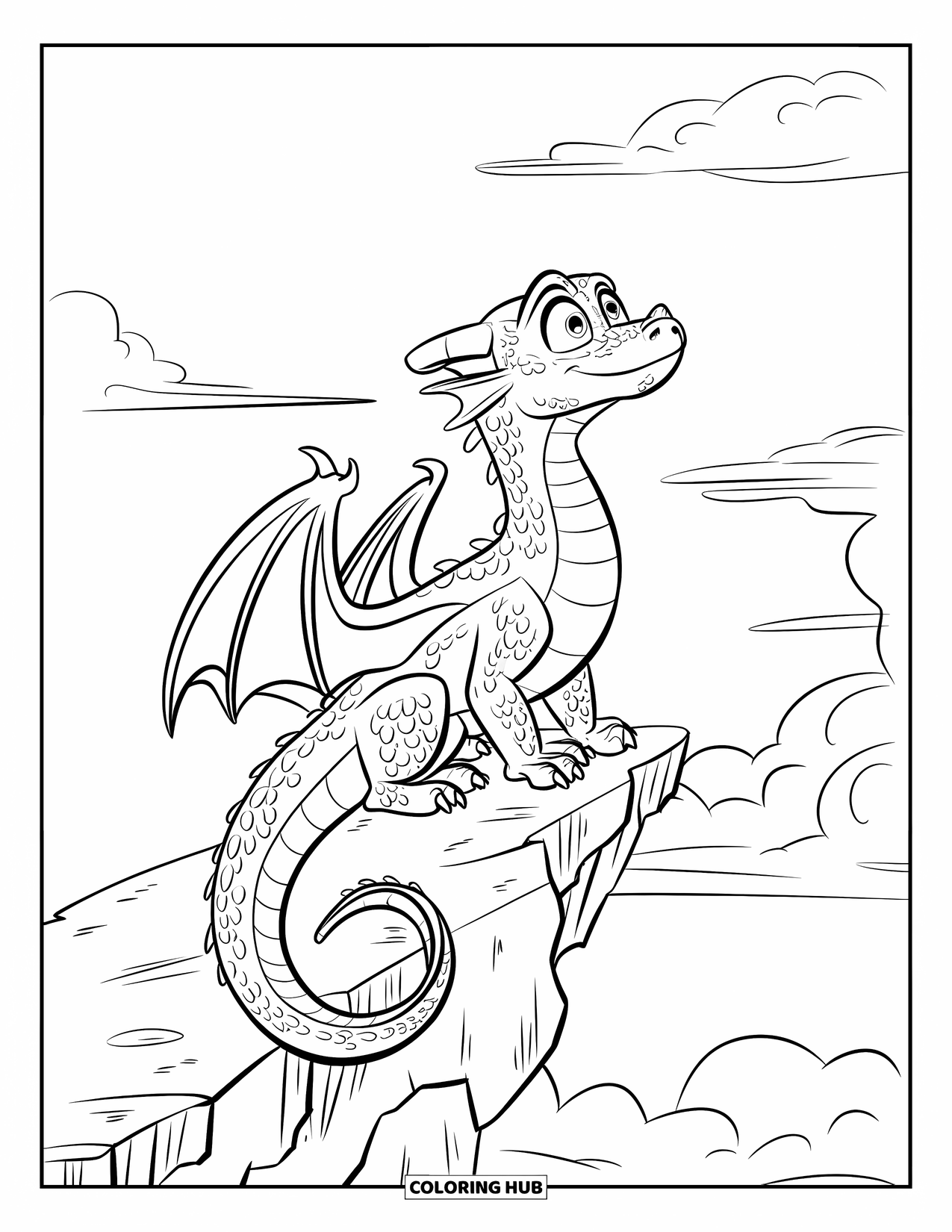 Dibujo de dragón para colorear para niños: Un dragón enrolla su cola alrededor de una cornisa irregular, mirando al cielo con feroz determinación