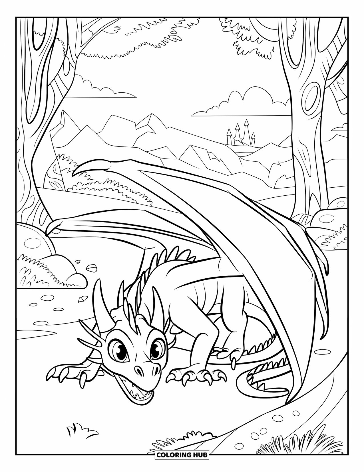 Dibujo de dragón para colorear para niños: Un dragón se agacha en una zona boscosa, con los ojos afilados fijos en un castillo distante