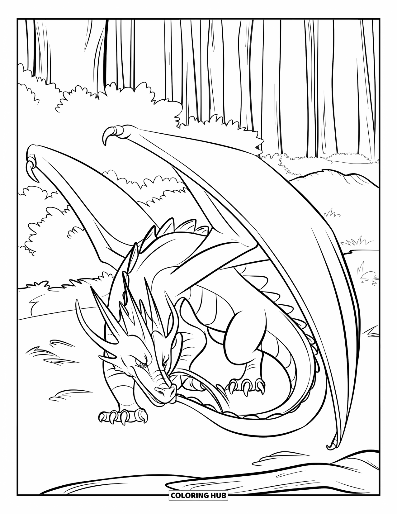 Dibujo de dragón para colorear para niños: Un dragón se agacha en un denso bosque, con las alas metidas, listo para atacar