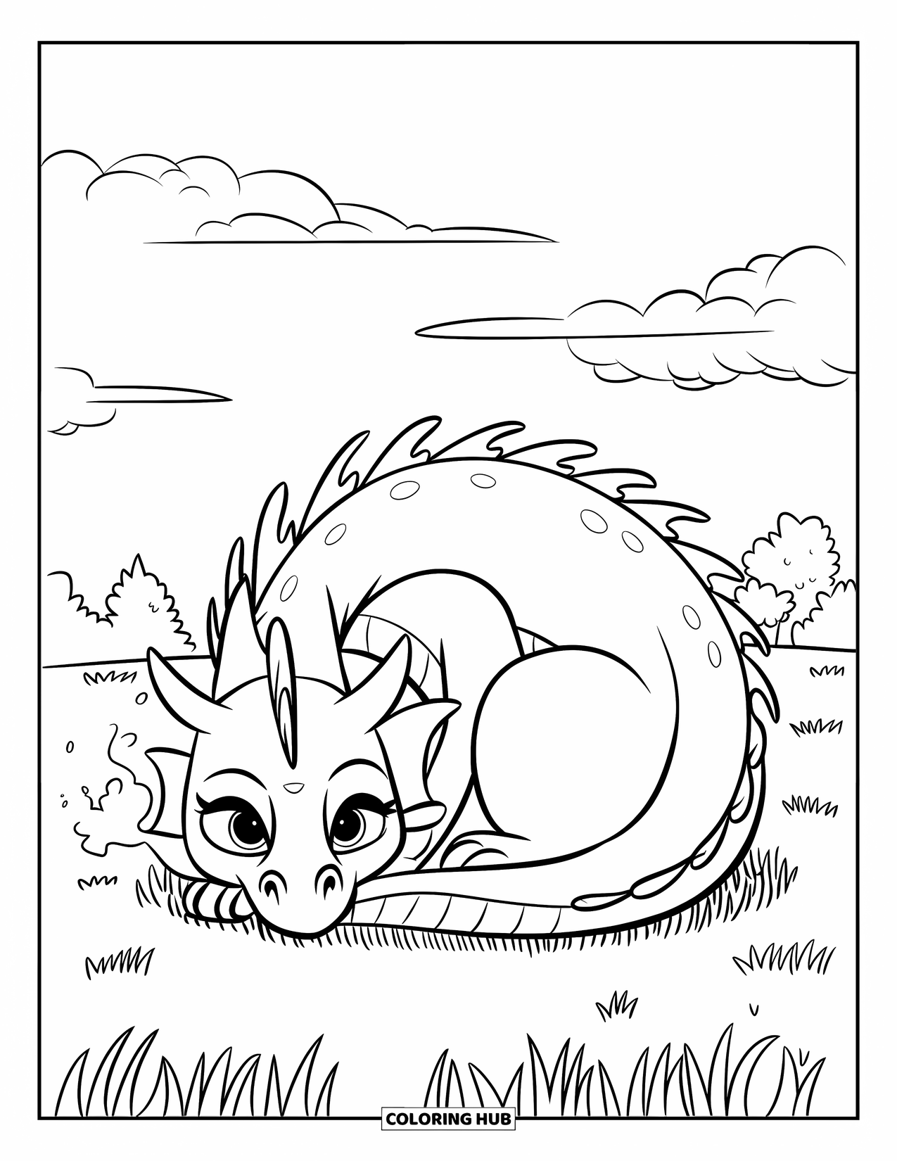 Dibujo de dragón para colorear para niños: Un dragón se acurruca como un gato, descansando pacíficamente con pequeñas bocanadas de aire cerca de su hocico