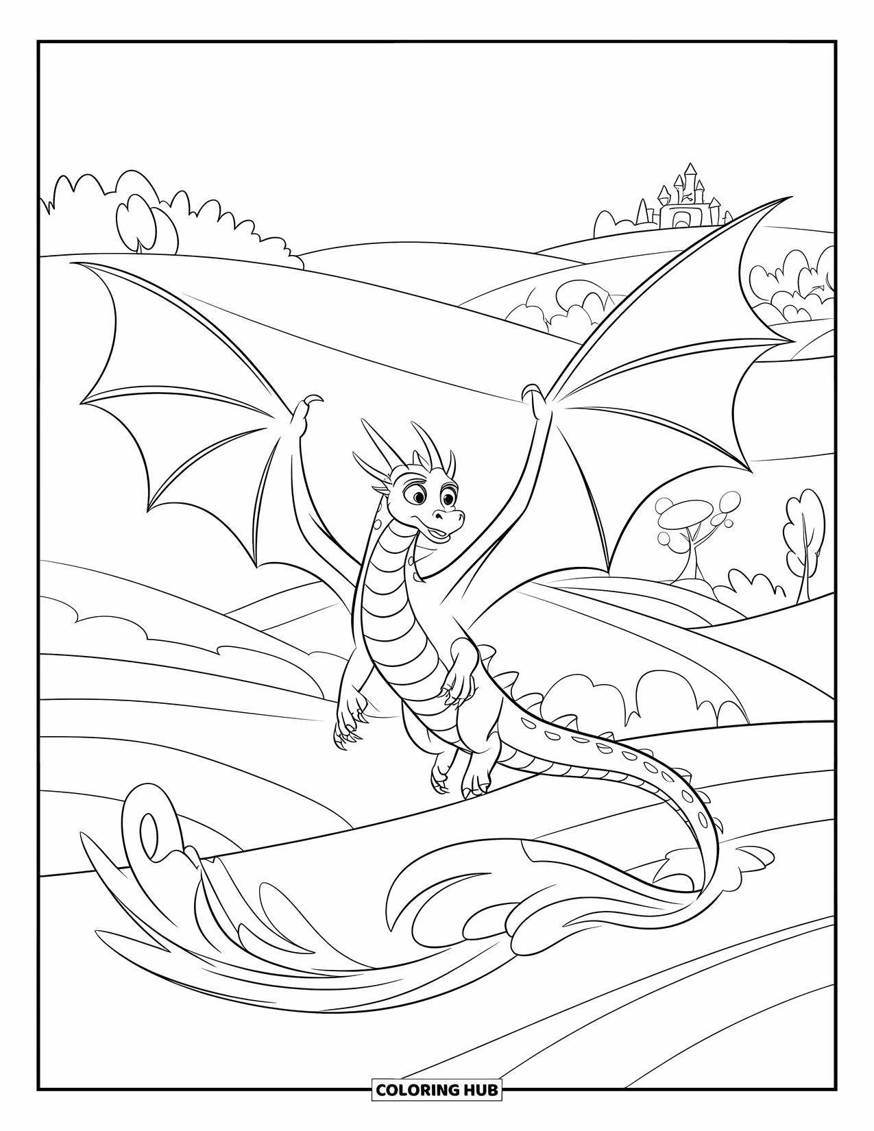 Dibujo de dragón para colorear para niños: Un dragón vuela sobre colinas onduladas, dejando rastros de viento arremolinado detrás